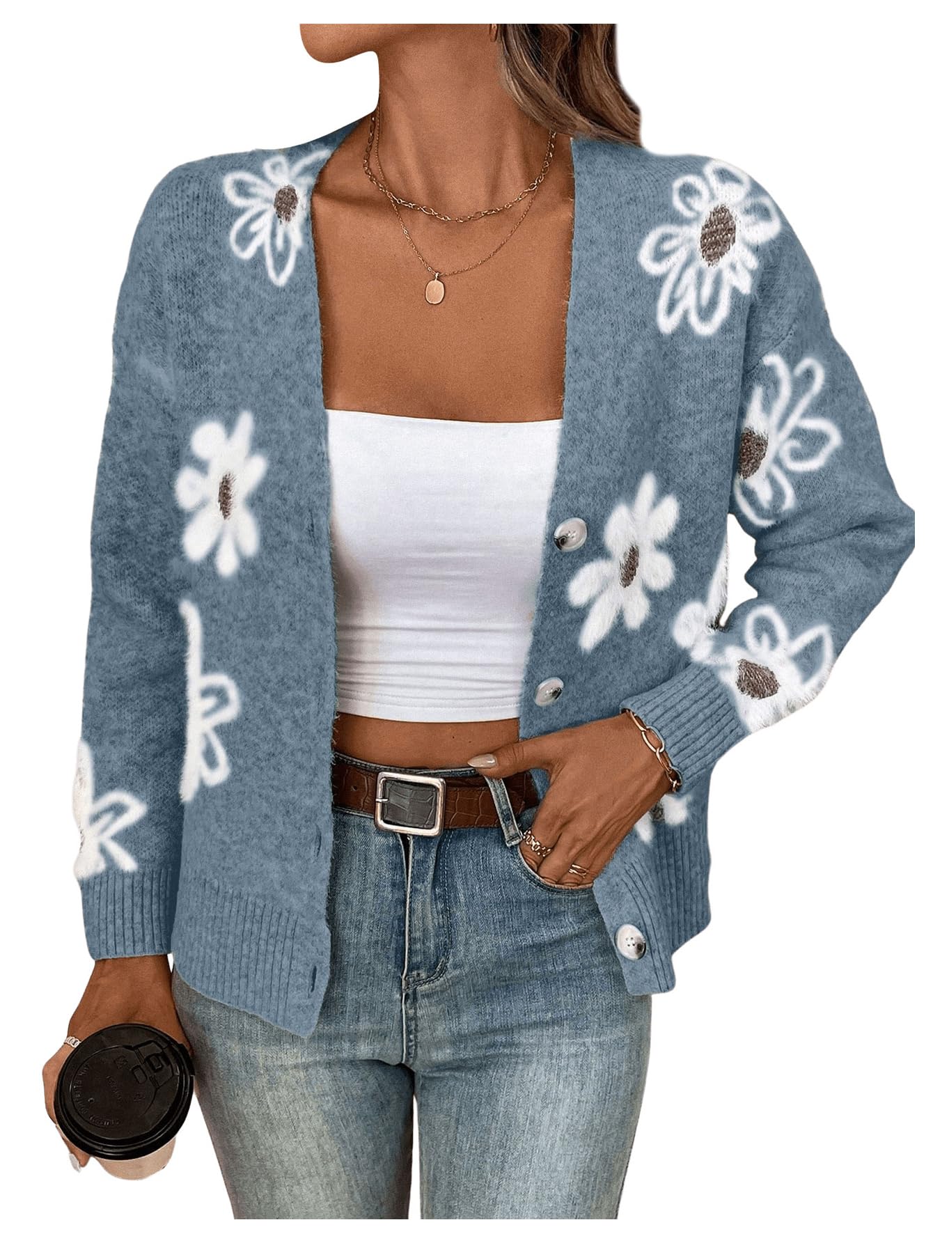 SHENHE Women's Floral Cardigan Sweater Open Front Long Sleeve Button Down Knit Sweater Outerwear