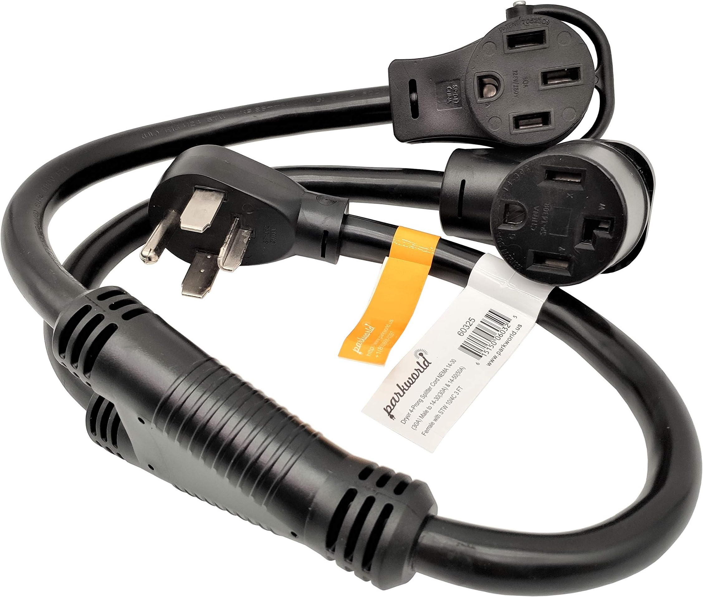 Parkworld 60325 Dryer Splitter to EV, NEMA 14-30 Male Plug to 14-30 & RV/EV 14-50 Female Receptacle, Dryer 4-Prong 30 AMP Y Adapter Cord (3FT)