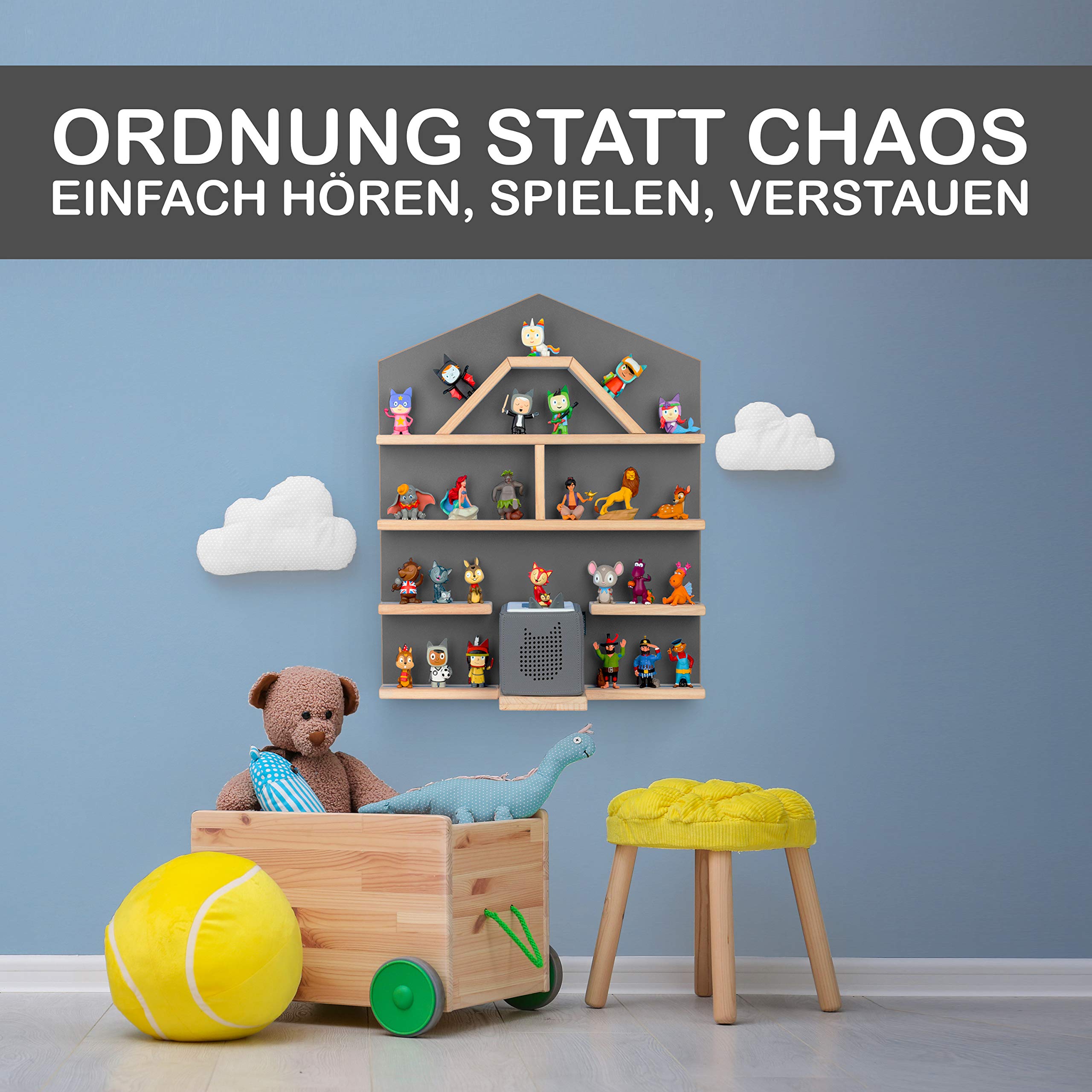 Regal für Tonie Box und Tonies DAS ORIGINAL - bis zu 52 Tonies - Magnetisches Wandregal- 4 passend zur Toniebox (Gray)