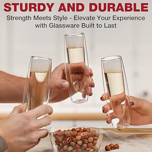 Miniatura 4 de Eparé Double Wall Stemless Champagne Flutes Glass - Set of 2 Lightweight Mimosa and Prosecco Glasses for Bridal Shower, Bridesmaid Gift - Modern