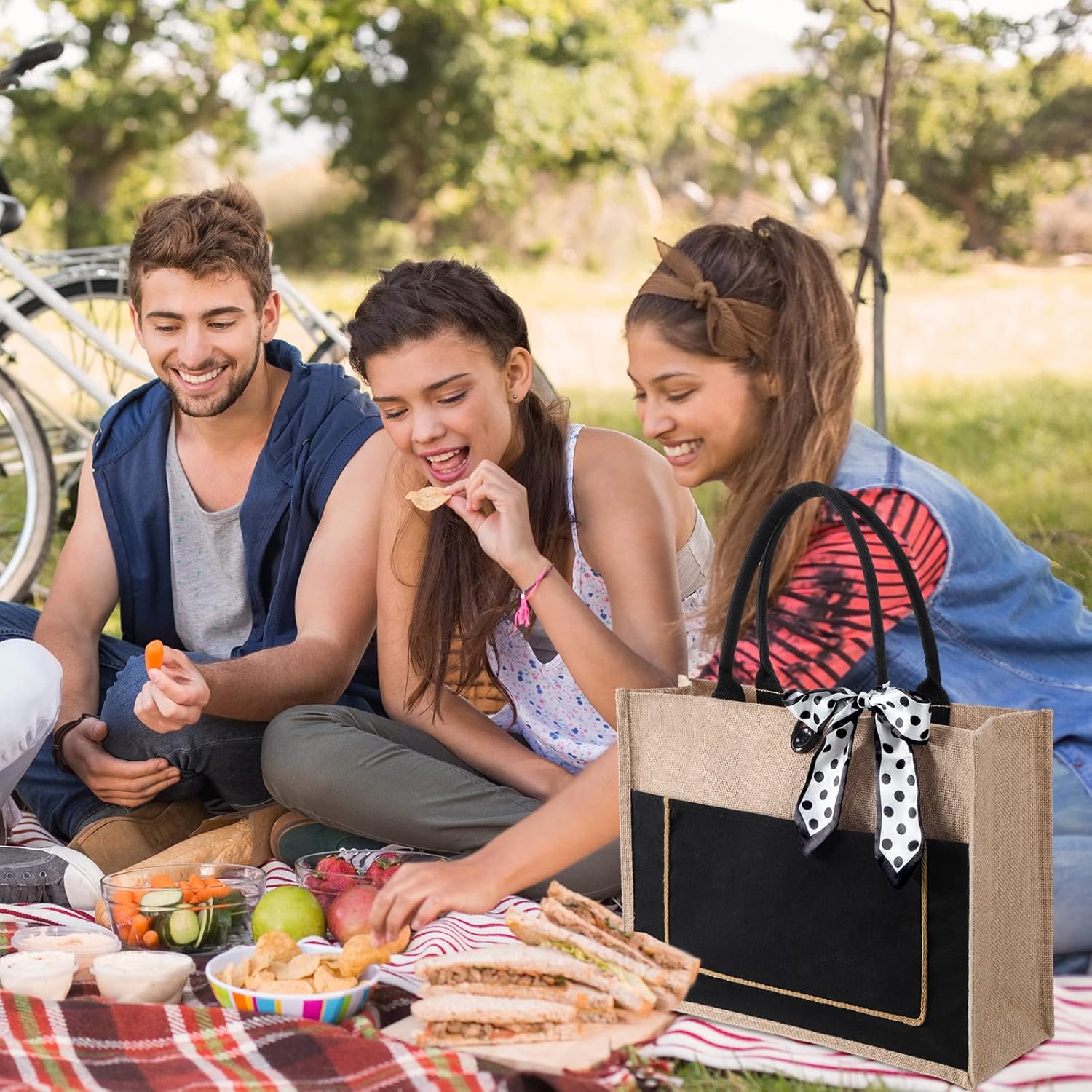 8 Pcs Large Burlap Tote Bags with Handles Jute Bridesmaid Gift Tote with Ribbons and Front Pocket 16.54 x 12.6 x 5.51 Inches Blank DIY Shopping Bags Bulk for Women Beach Wedding Picnic Work Travels - Image 6