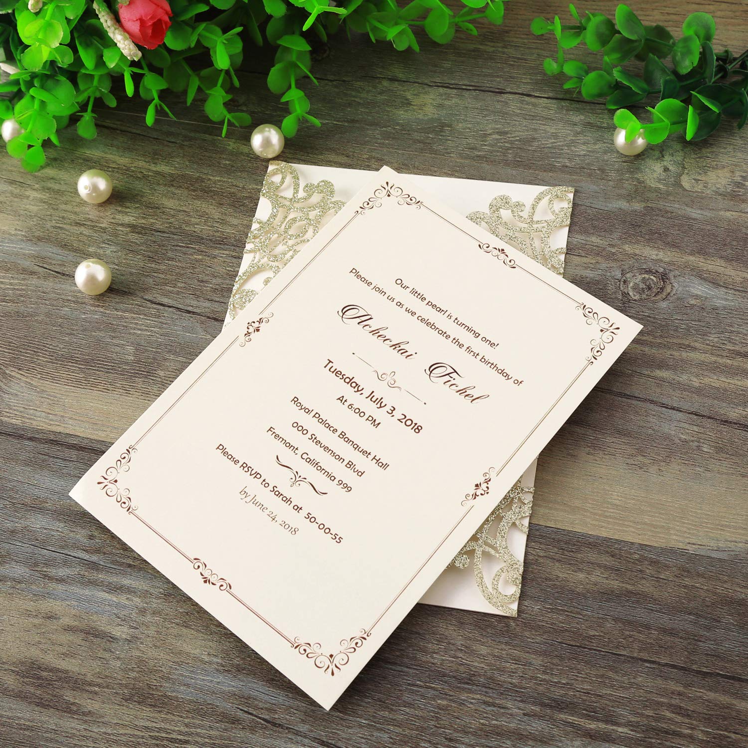 Hosmsua 20pcs taglio Laser inviti di nozze, Champagne inviti da matrimonio carta con Nastro Pizzo Flora Design per la festa di compleanno di festa di compleanno inviti di nozze (20pcs)