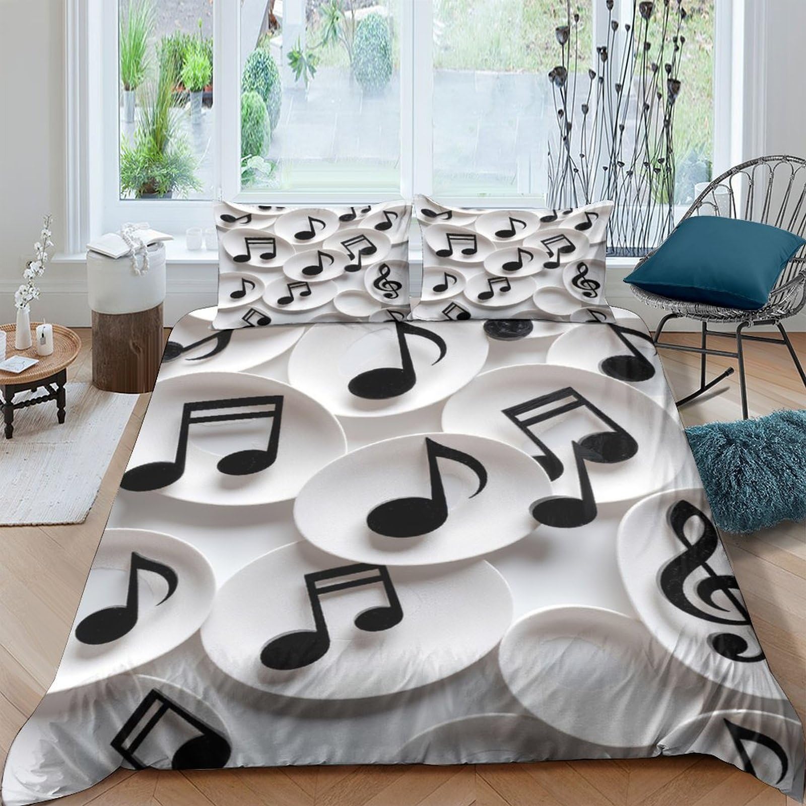 Ctjqhvkz Style-2 3D Printed Musical Notes Fitted Sheet Microfiber Soft Black White Music Symbol Bed Cover For Bedroom Dorm Mattress Protection Decor Single（135X200cm）