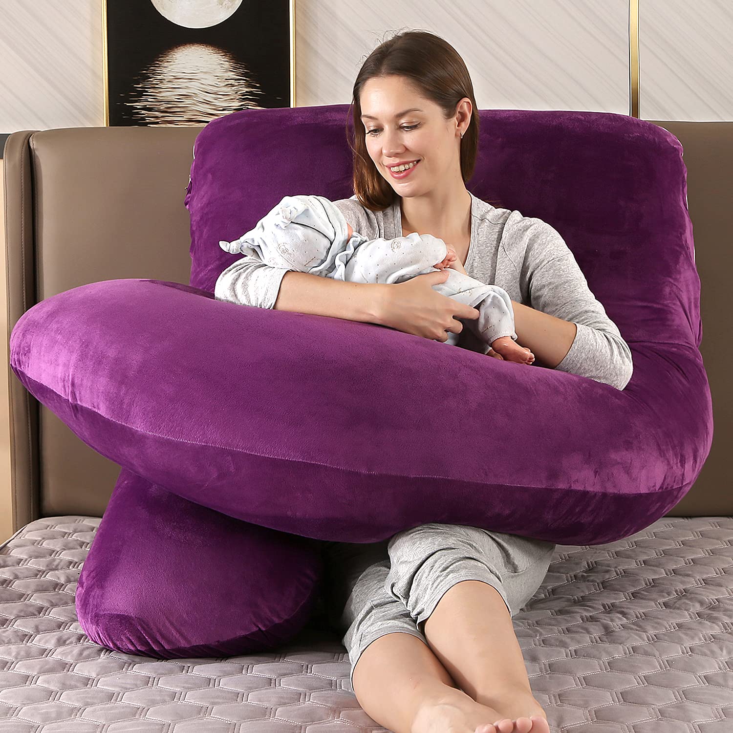 Elover Almohadas de embarazo, almohada de cuerpo completo en forma de U para apoyo al dormir, almohada de maternidad de 57 pulgadas para mujeres embarazadas con funda extraíble (terciopelo, morado