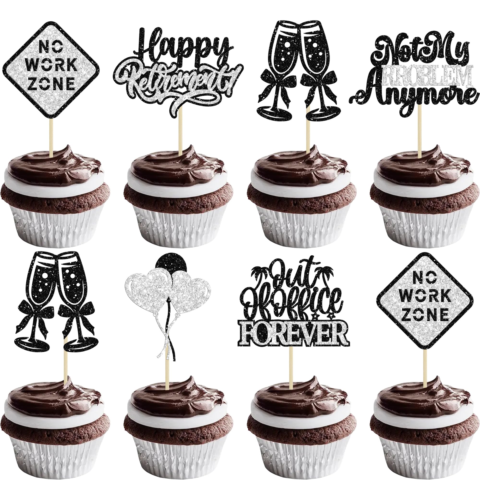 Gyufise 24Pcs Happy Retirement Cupcake Toppers Glitter Officially Retired Cupcake Picks No Work Zone Retirement Party Decorations for Farewell Birthday Party Supplies Black Silver