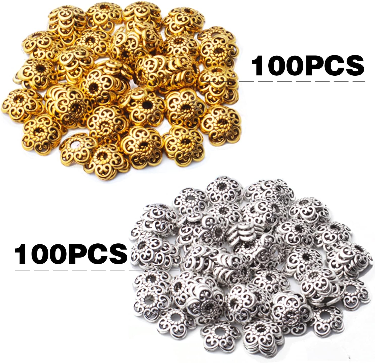 BronaGrand 200pcs 12mm Flower Beads Tibetan Alloy Spacer Bead Cap Jewelry Flower Caps Loose Bead for DIY Jewelry Bracelet Making,Antique Gold and Antique Silver - Image 2