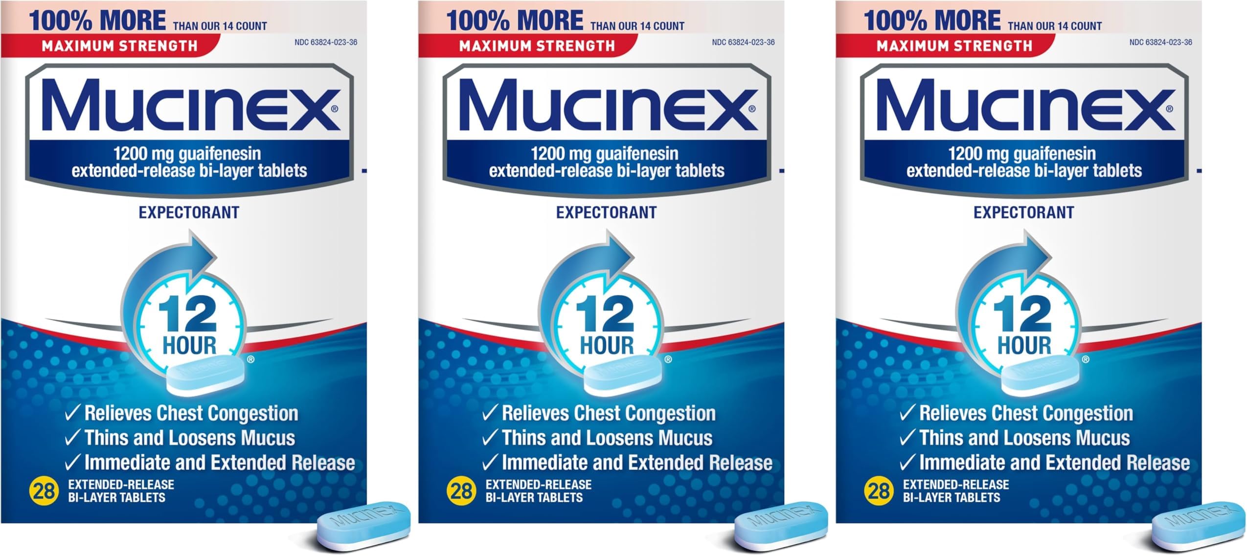 Mucinex Maximum Strength 12 Hour Chest Congestion Expectorant Relief Tablets, 1200 mg, 28 Count, Thins & Loosens Mucus (Pack of 3)