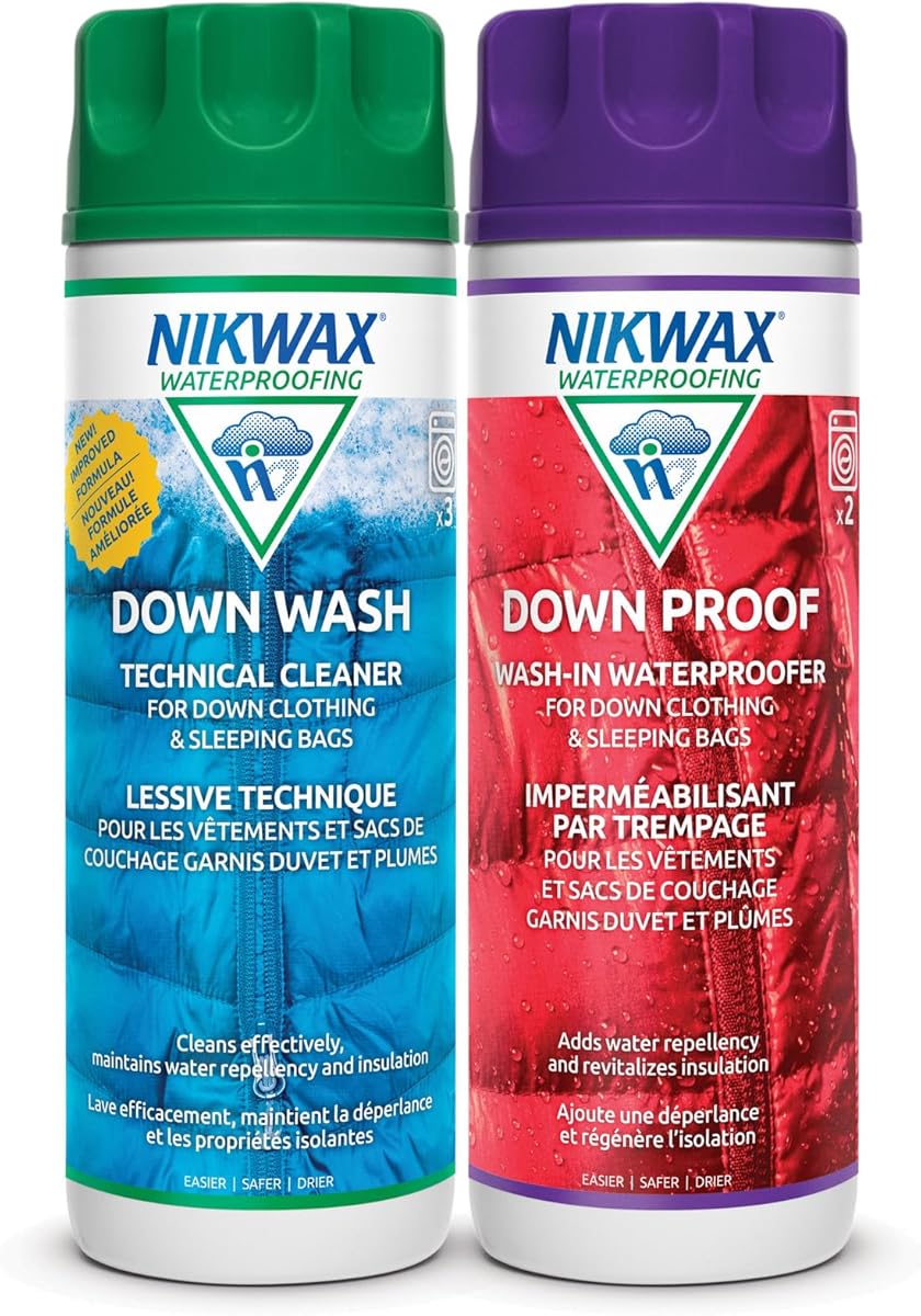 Nikwax Down, Down DUO-Pack, 300ml, Wash-In Cleaning and Waterproofing adds DWR Water Repellency to Down Filled Jackets, Outerwear, Sleeping Bags, Restores and Protects Insulation and Loft