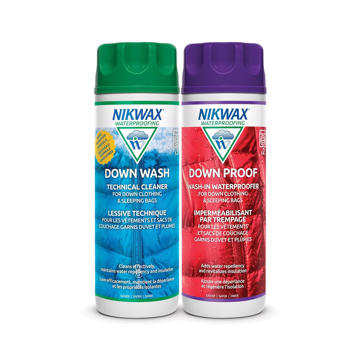 Nikwax Down Down DUO-Pack 300ml Wash-In Cleaning and Waterproofing adds DWR Water Repellency to Down Filled Jackets Outerwear