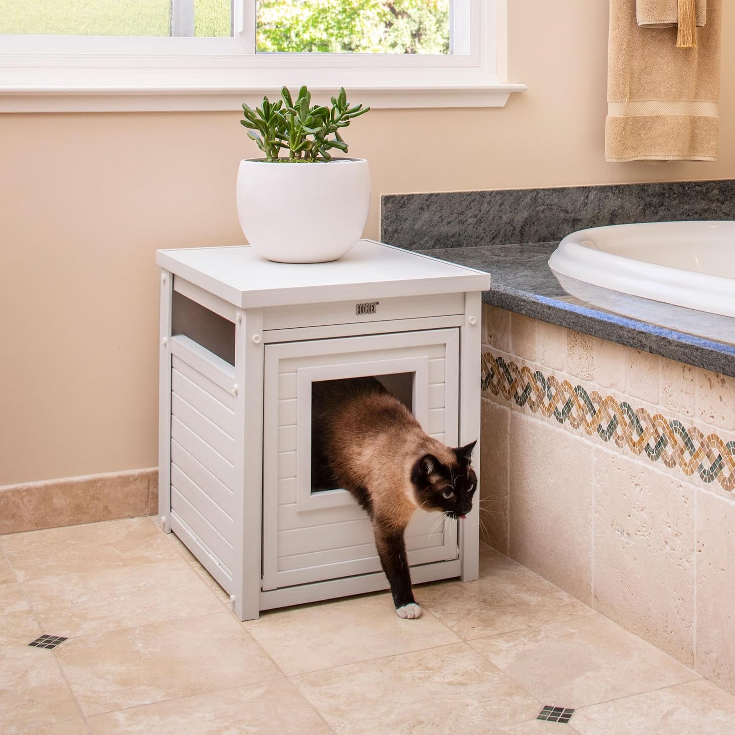 New Age Pet ECOFLEX Litter Loo Standard & Jumbo Sizes, 4 Colors, Moisture and Odor Resistant Enclosure & End Table, No‑Tools Assembly, 10 Year Warranty, Antique White, Standard