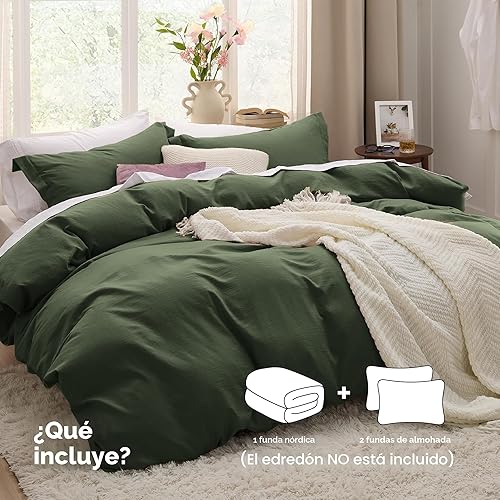 Miniatura 2 de Bedsure Funda de edredón de tamaño King, juego suave, prelavado, verde oliva, 3 piezas, 1 funda de edredón de 104 x 90 pulgadas con cierre