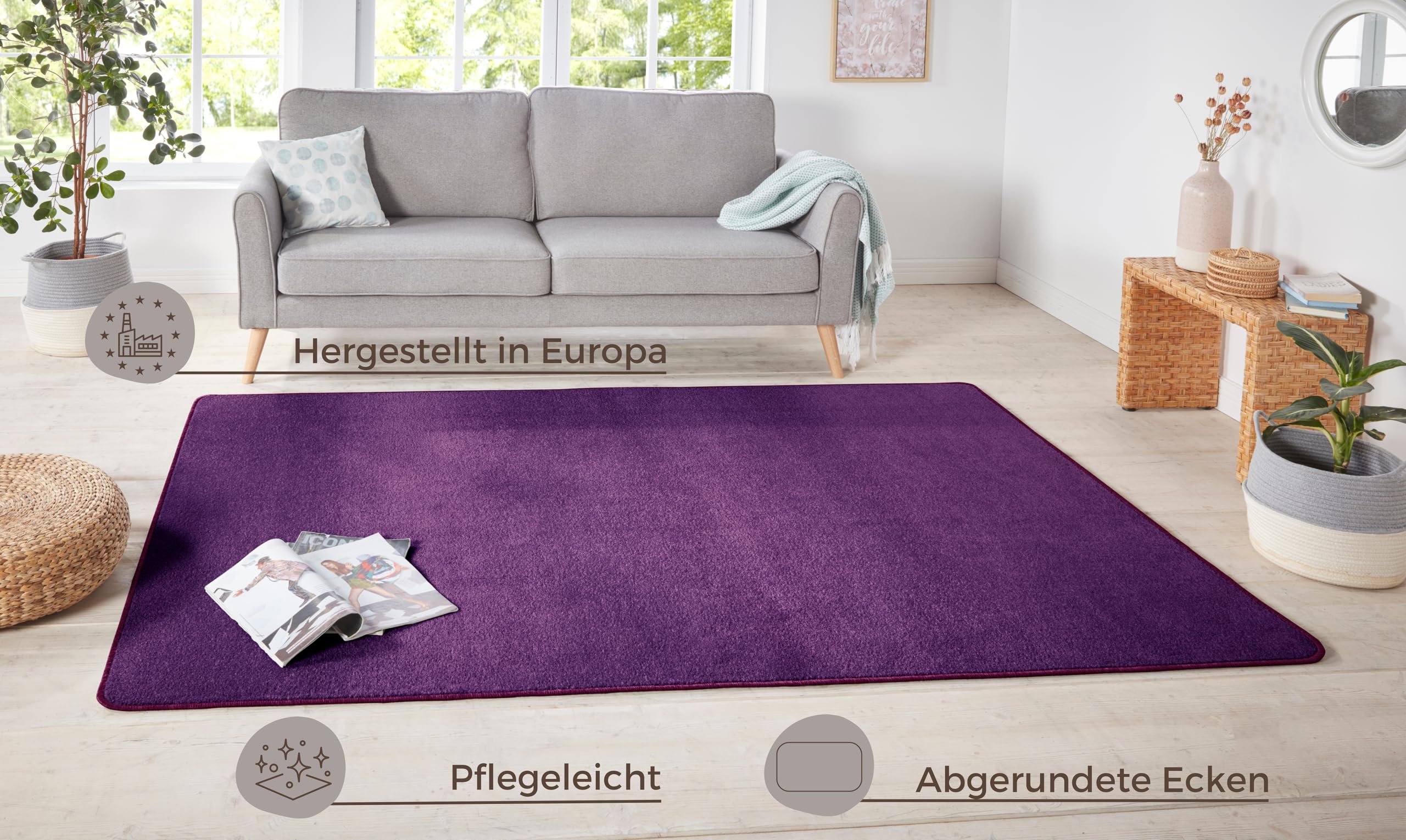 Hanse Home Nasty Läufer – Flauschiger Kurzflor Teppich Einfarbig Unifarben für Esszimmer, Wohnzimmer, Kinderzimmer, Flur, Schlafzimmer, Küche – Uni Violett, 67x120cm
