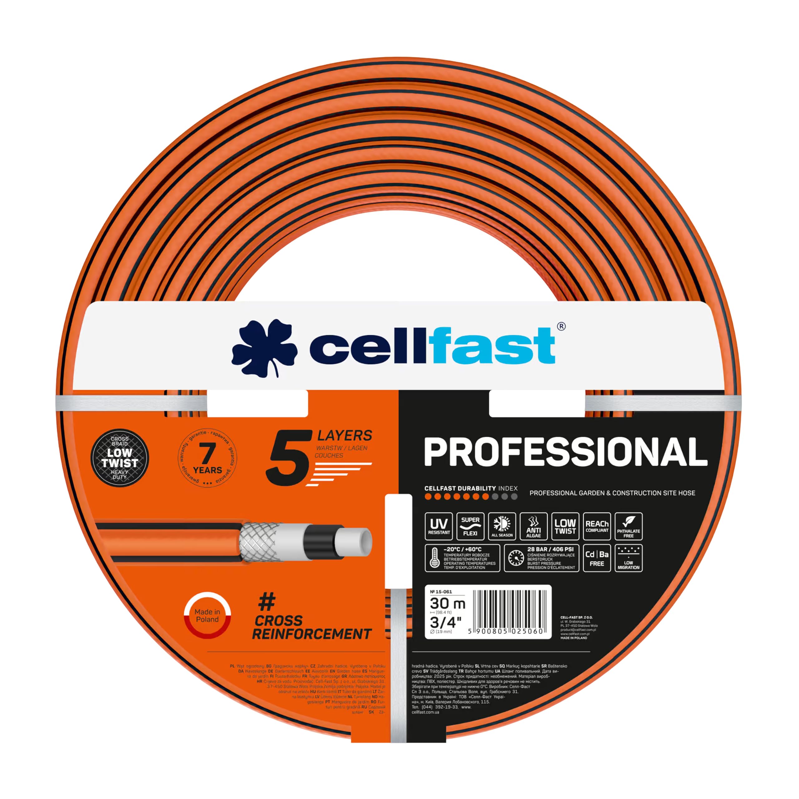 CELLFAST Gartenschlauch 3/4" 30 m - 5-lagiger Wasserschlauch mit Kreuzgewebe - 28 bar - UV-beständig - Anti Algae - Strapazierfähig Flexibel - Professional