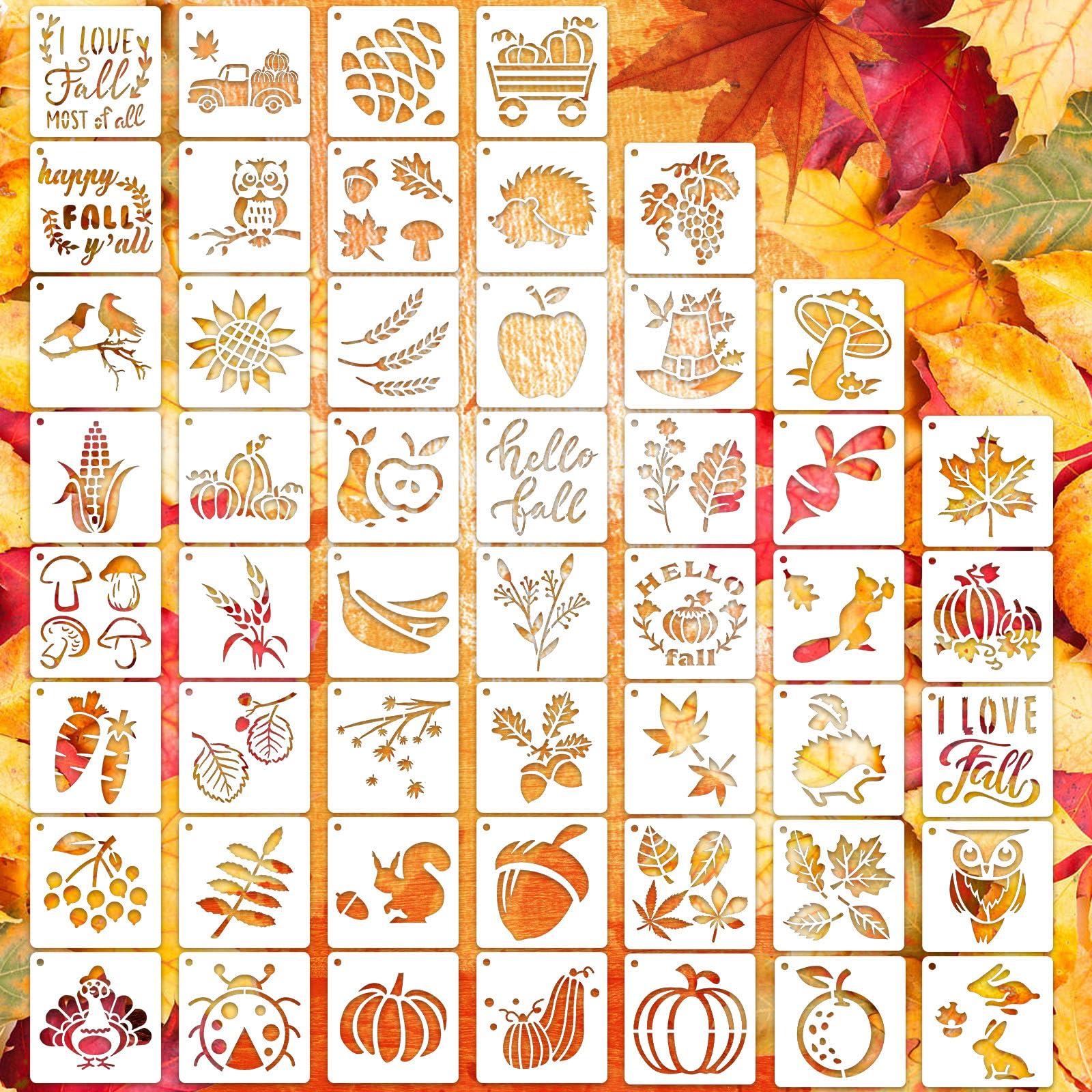 Pochoirs peinture d'automne : lot de 50 modèles réutilisables 10x10 cm pour bois et tissu
