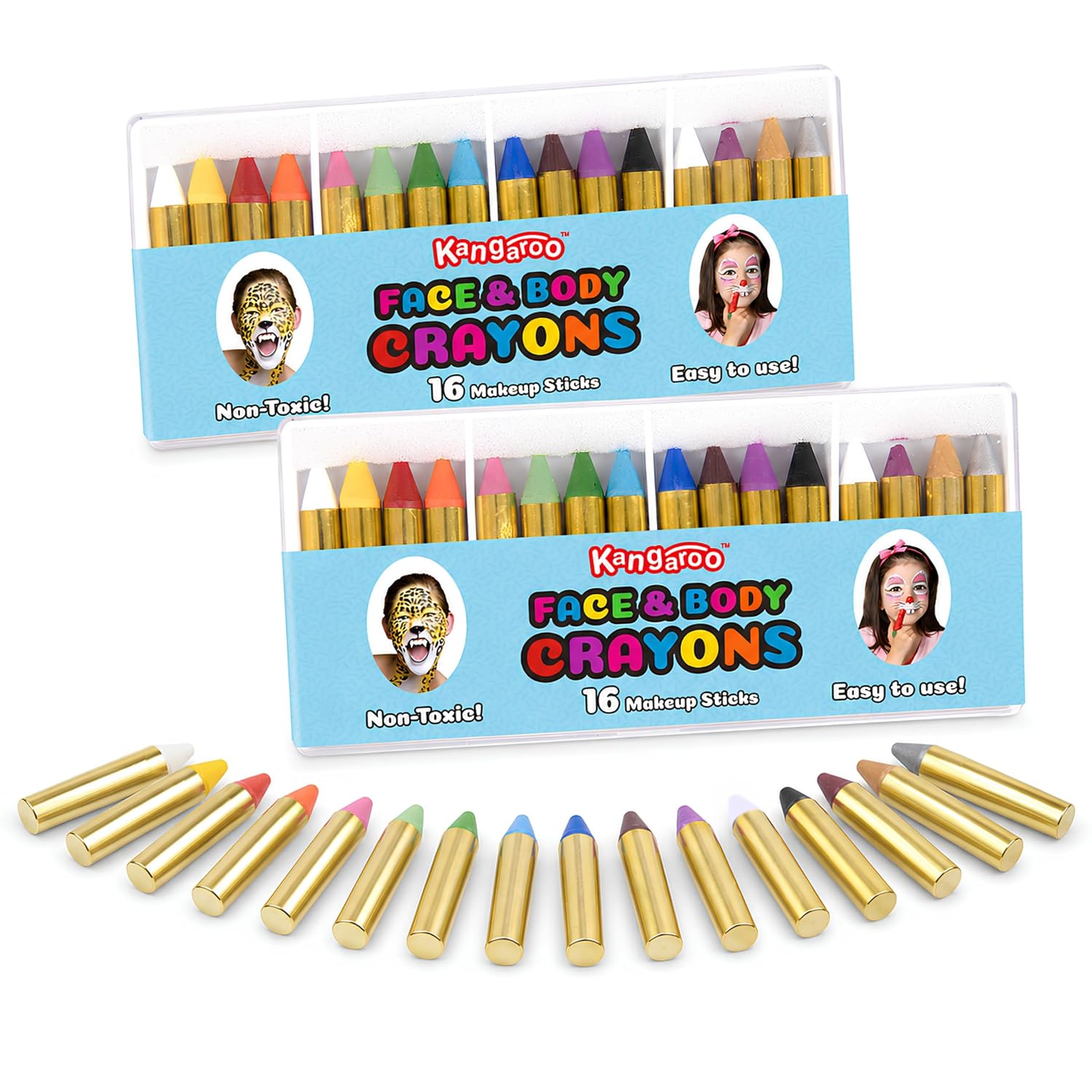 Kangaroo Face Painting Kit for Kids & Body Paint Crayons - 32 Washable Non Toxic Face Paint Sticks, 16 Colors (2 Each) - Easy Grip Makeup Crayons for Kids & Adults - Cosplay, Parties & Costume Makeup