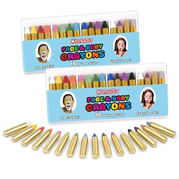 Kangaroo 32 Washable Face Painting Kit for Kids, 16 Colors (2 Each) | Body Paint Crayons - Non Toxic Face Paint Sticks - Easy Grip Makeup Crayons for Kids & Adults - Cosplay & Costume Makeup