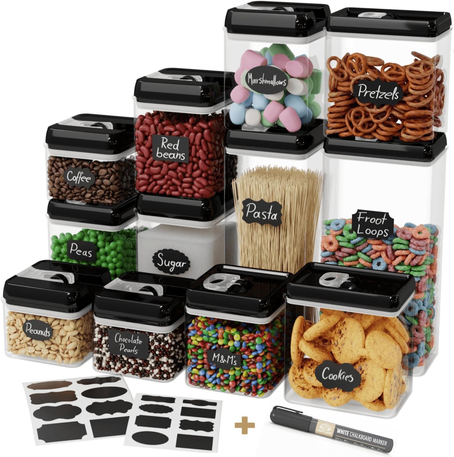 Chef's Path Airtight Food Storage Container Set - 12 PC Set - 16 BONUS Chalkboard Labels & Marker - BEST VALUE Kitchen & Pantry Containers - BPA Free - Clear Durable Plastic with Black Lids
