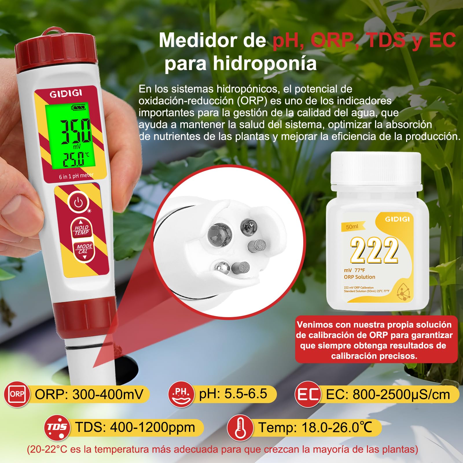 Comprobador digital de calidad del agua 6 en 1 para piscinas e hidropónicos, pH/ORP/TDS/EC/salinidad/TEMP con solución de calibración ORP, Medidor pH ORP para acuarios, agua potable, cerveza