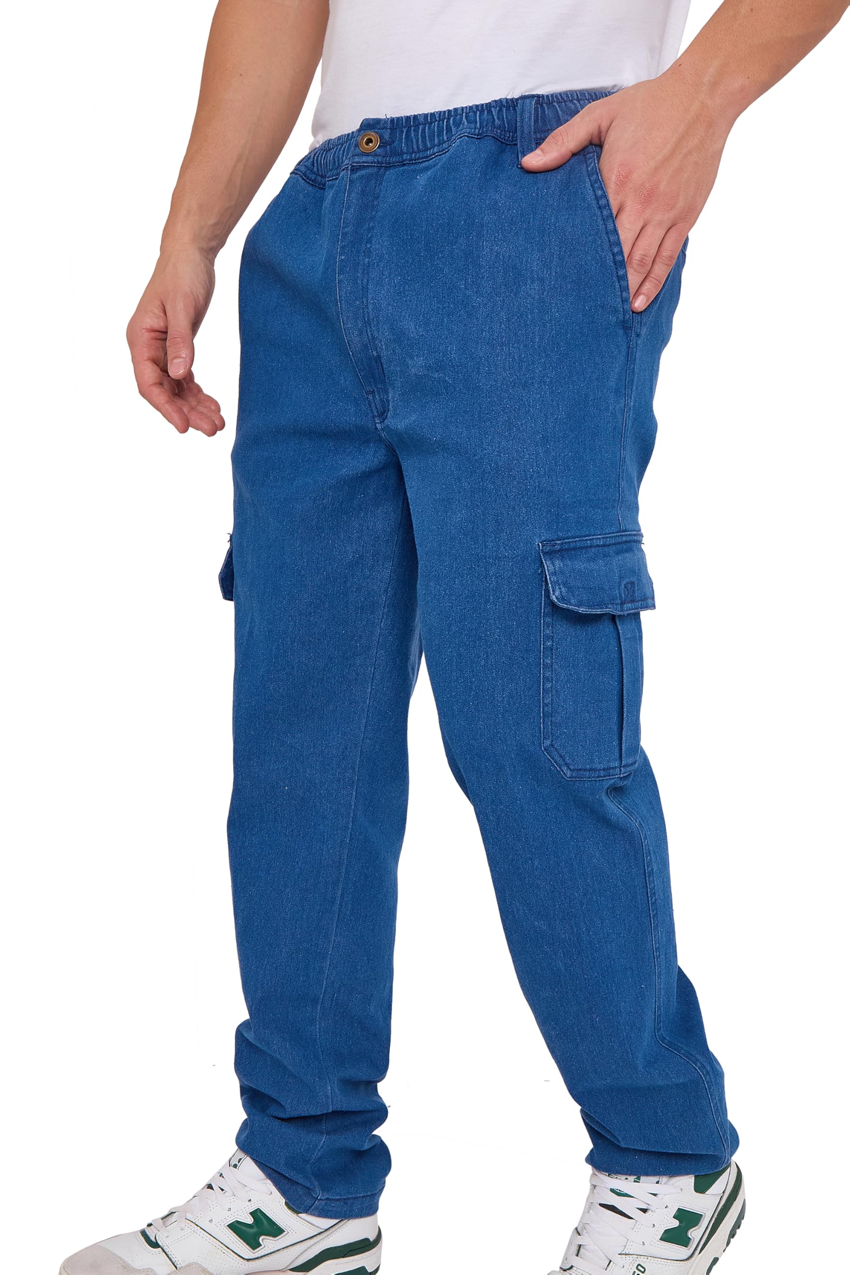 Men’s Utility Denim Cargo Trousers – Elasticated Waist, Cargo & Back Pockets, Straight-Leg Fit – Durable Workwear Style Jeans (Stone-5XL)