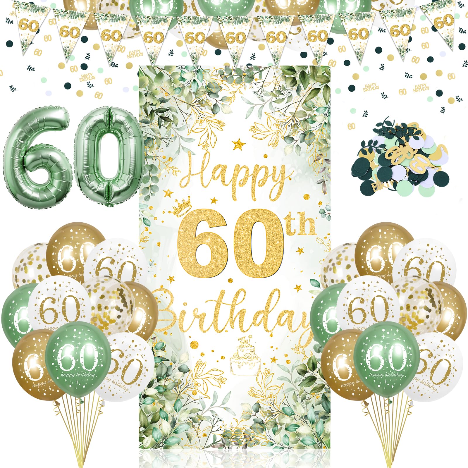 Décorations De 60e Anniversaire Pour Hommes Et Femmes, Ballons Vert Sauge Pour 60e Anniversaire Avec Bannière De 60e Anniversaire, Décoration De Gâteau De 60e Anniversaire, Ballon En Aluminium En