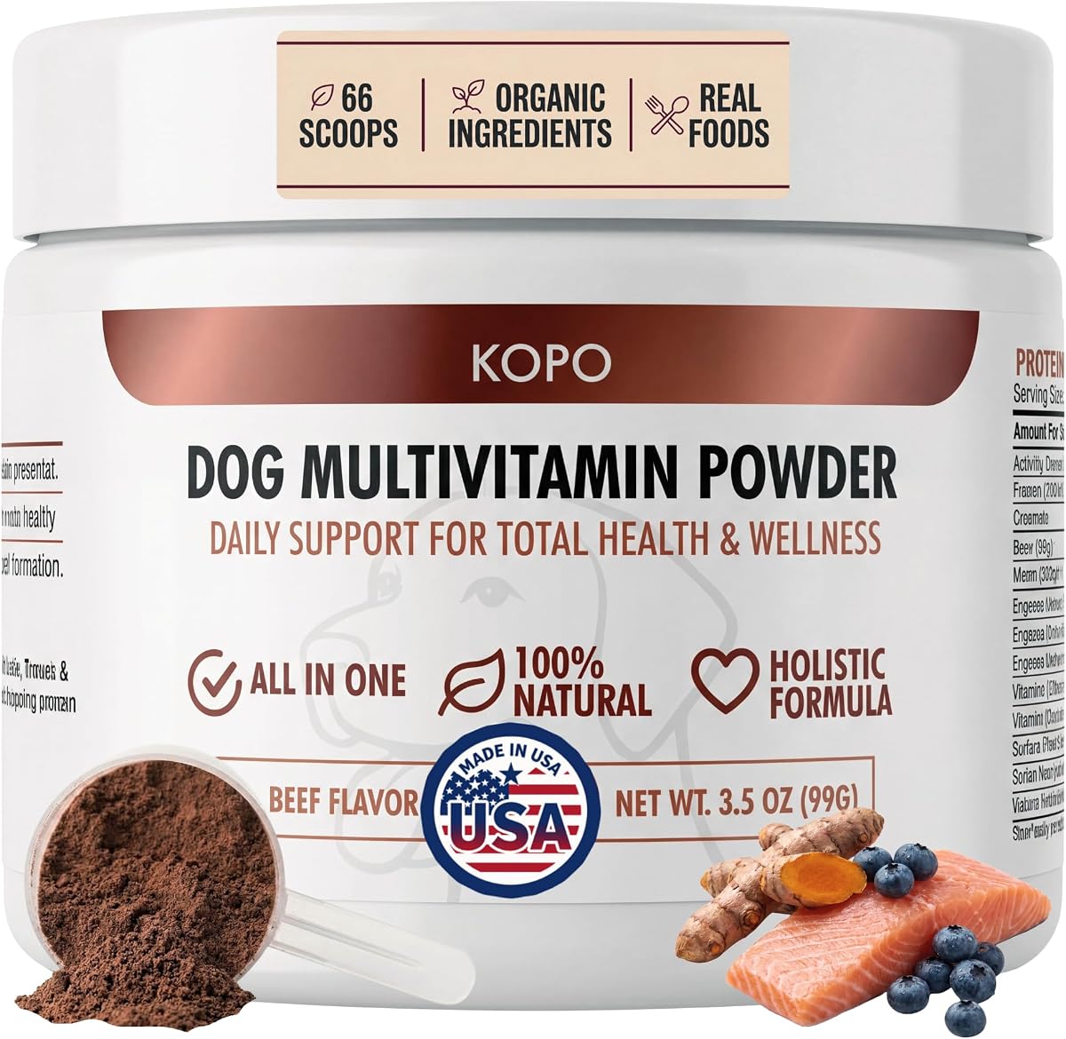 Dog Multivitamin Powder | Supports Heart, Daily Vitality, Immunity, Digestion, Skin & Coat and Hip & Joint | Dog Vitamins from Real Foods | Beef Flavor | All Breeds | Made in USA | 66 Scoops