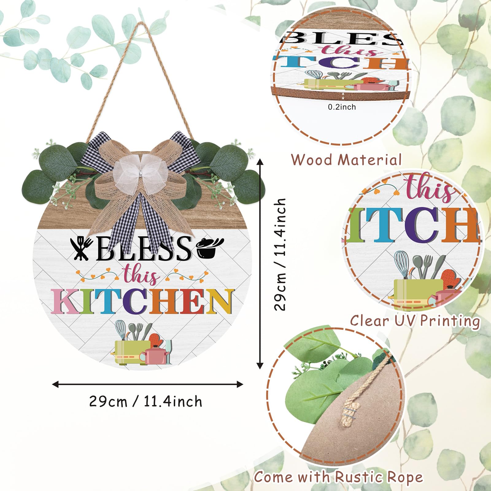 TOARTi Bless this Kitchen Sign,Kitchen Wall Art Rustic Wood Sign Round Hanging Decor with Ribbon Bow and Artificial Green Leaves Farmhouse Style Wall Art - Image 2