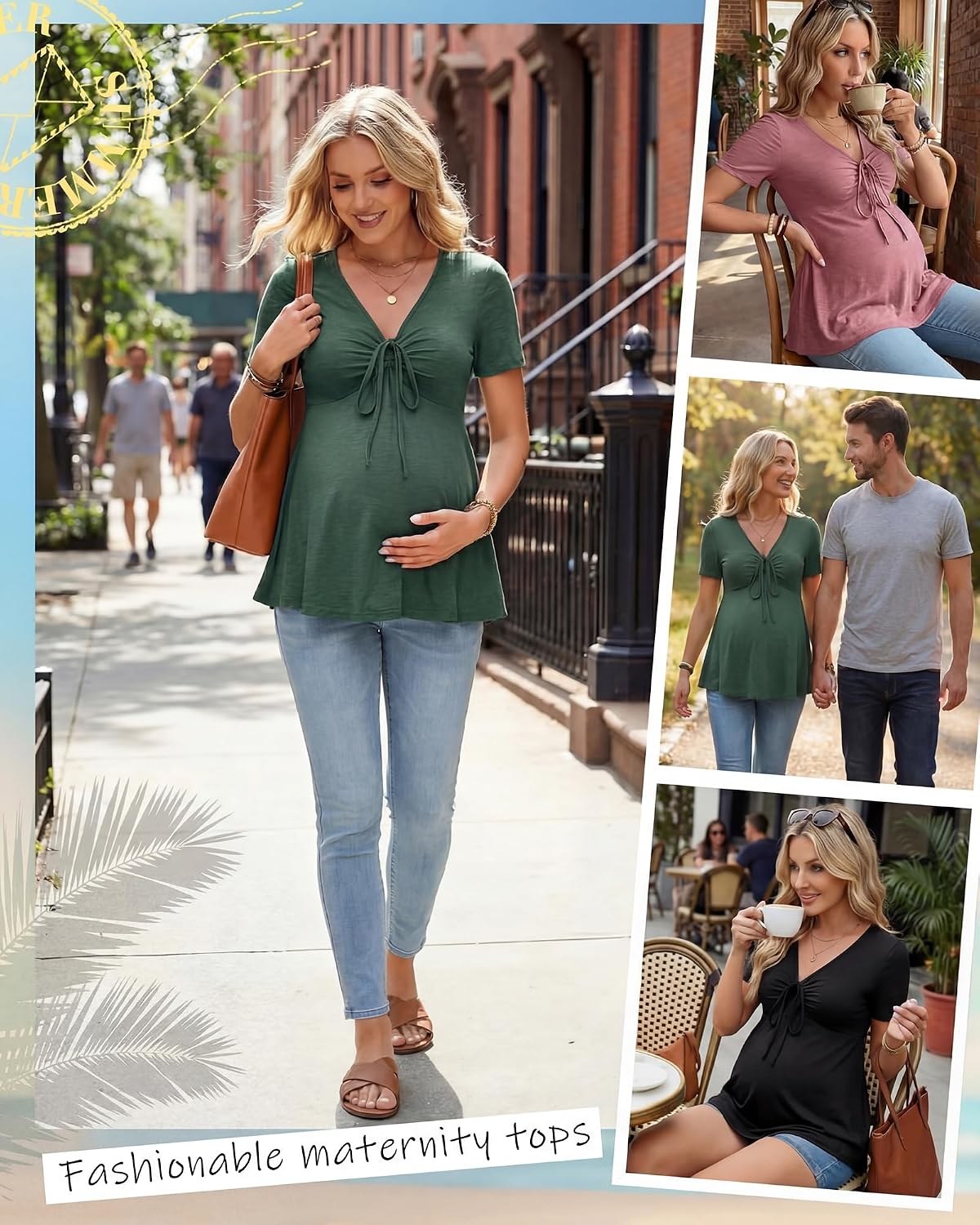 Cutecrop 3 Pack Women Maternity Shirts Short Sleeve V Neck Ruffle Pregnancy Tops Casual Drawstring Babydoll Tie Front Tunic