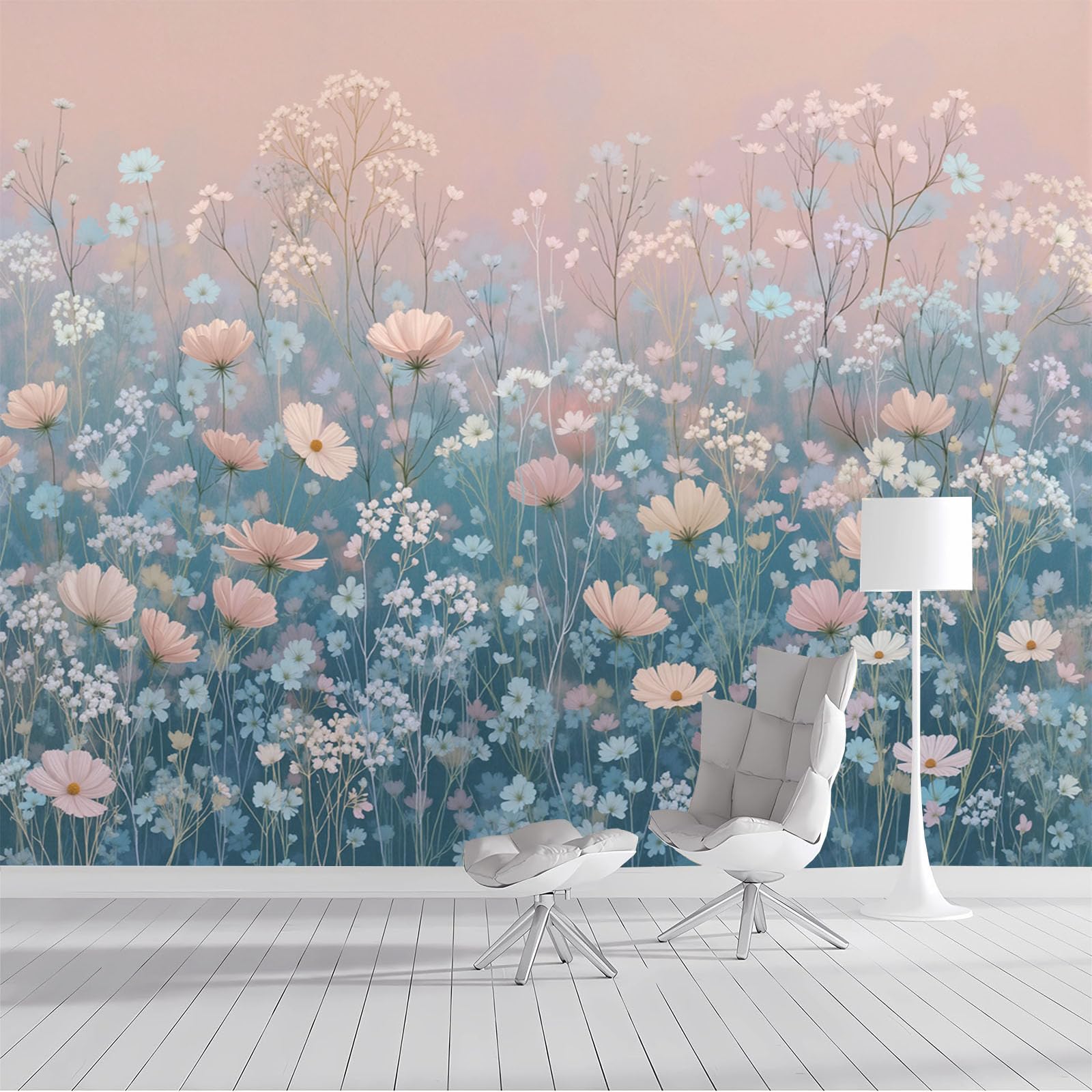 Papier peint panoramique fleurs romantiques pour agrandir et illuminer le salon