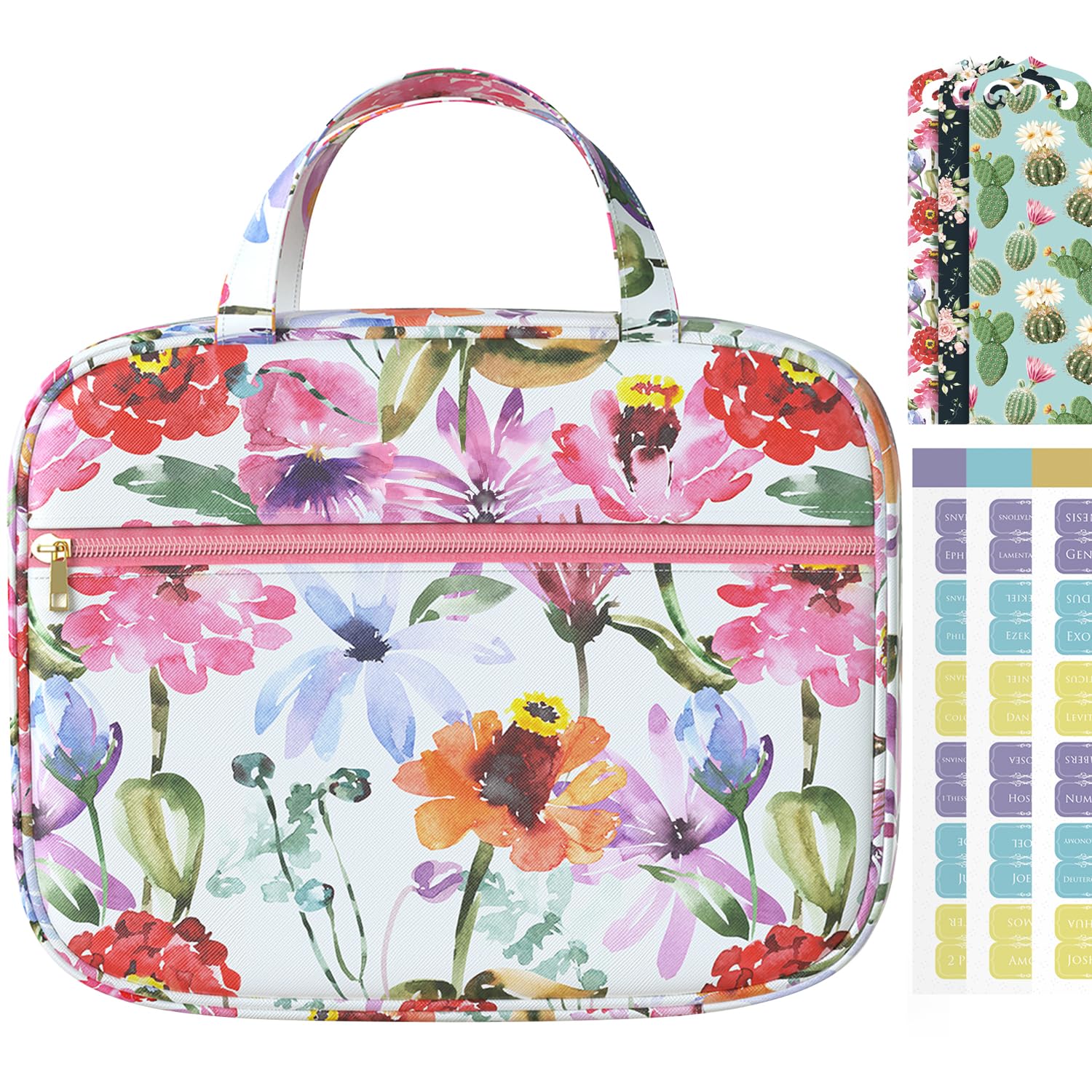 Bible Cover Bag Case for Women, Floral Synthetic Leather Pattern with Bible Tabs Bookmarks and Handle Fits for Standard Size Study Bible, Gift for Mom