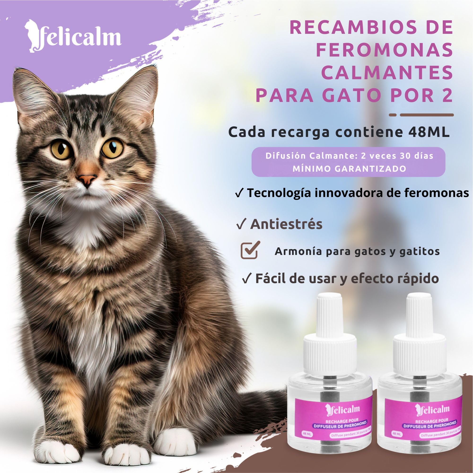 Paris -Nouvelle Formule de PHEROMONE pour Chat et Chaton -2 Recharges de 48 ML- Anti Stress pour Chat- CALMANT- Bonheur et Harmonie
