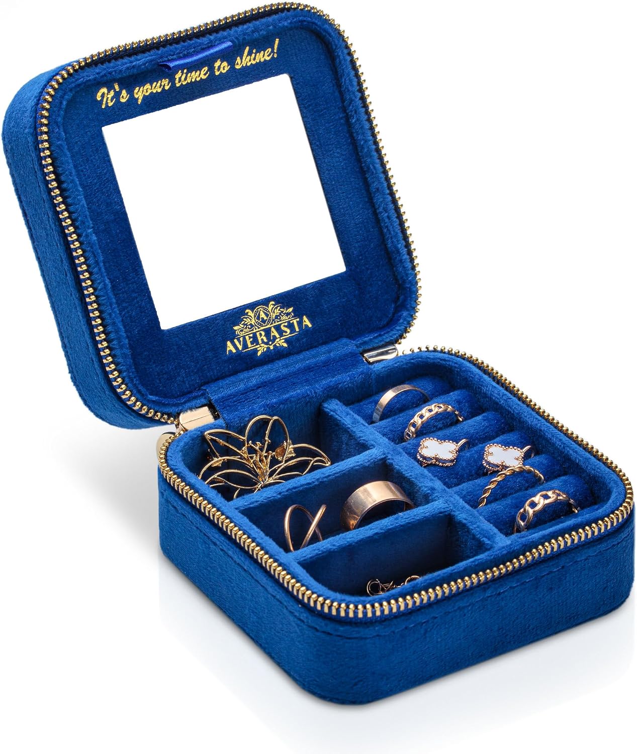 Luxury Travel Jewelry Case - Plush Velvet Jewelry Box - Travel Jewelry Organizer with Mirror - Gifts for Women, Mom, Wife, Girlfriend, Her – Sapphire Blue
