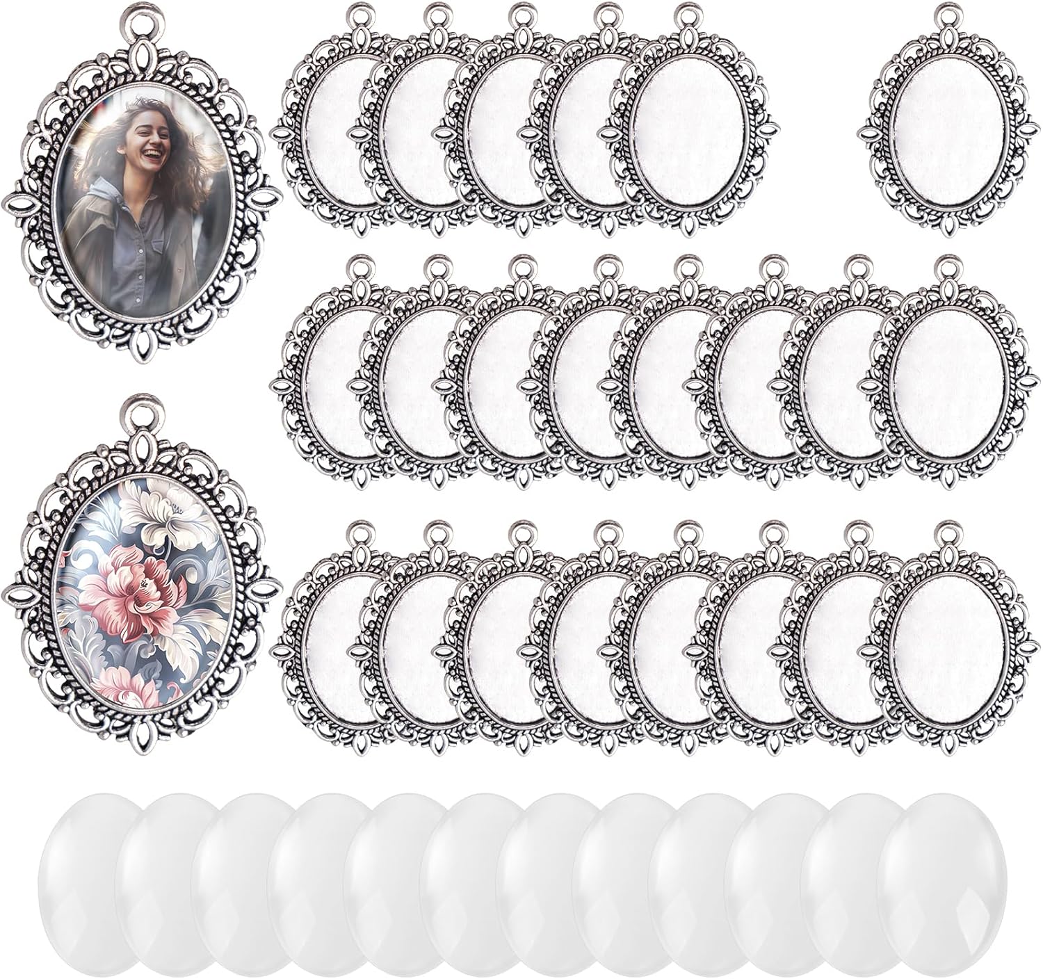 100 Pcs Bezel Pendant Blanks Settings, 50 Oval Pendant Trays Photo Charms with 50 Clear Glass Cabochon for Jewelry Making, DIY Blank Bezels Trays Kit for Crafts, 25x18mm (Antique Silver)