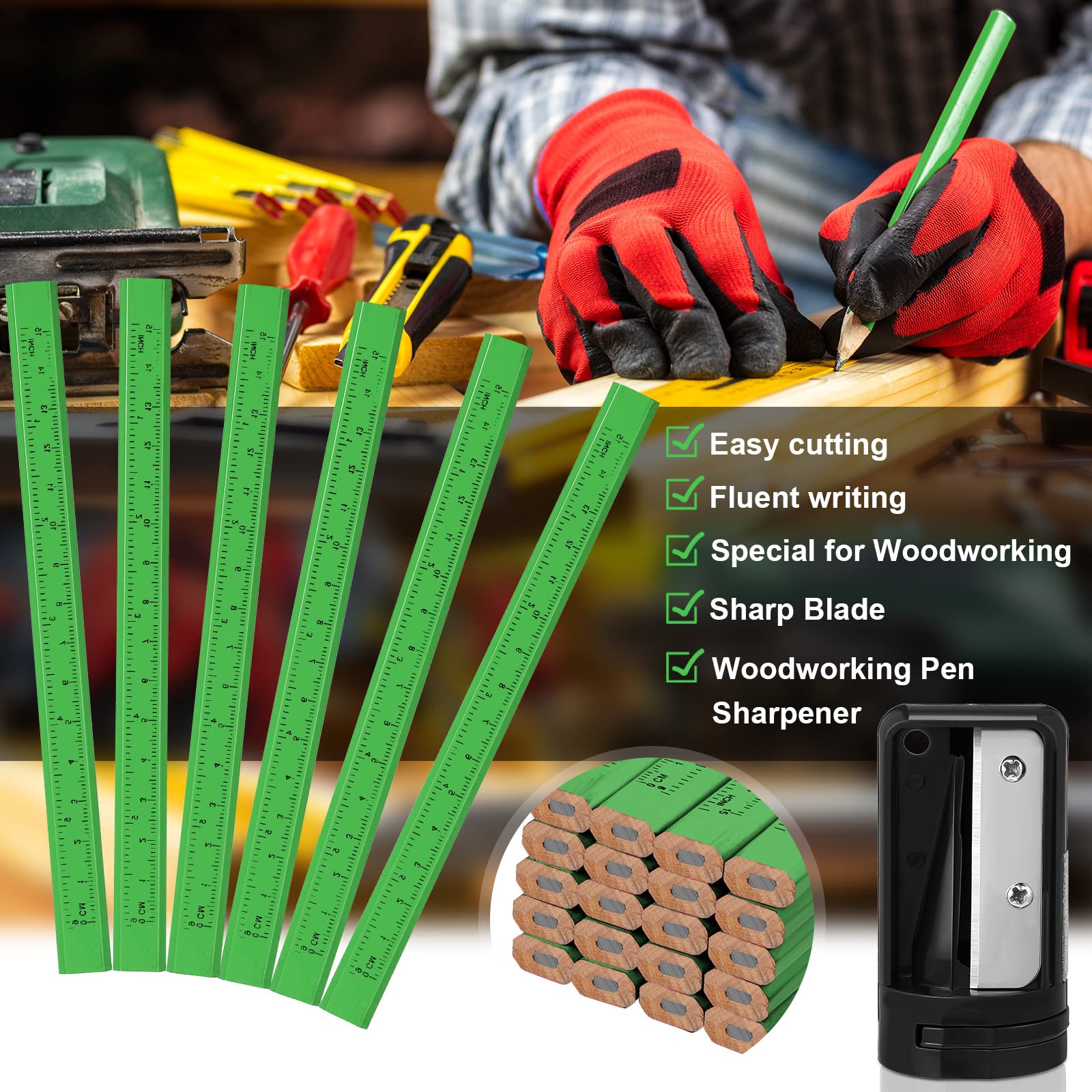 Set di 202 matite da carpentiere, 200 matite piatte con righello stampato, in legno di grafite, 2 temperamatite, per falegnameria per strumenti di marcatura (verde)