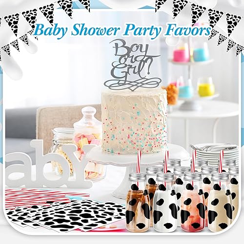 Miniatura 2 de Juego de 24 botellas de leche de plástico de 7 onzas con pajitas, tapas de metal plateado, calcomanías de leche con estampado de vaca, recipientes