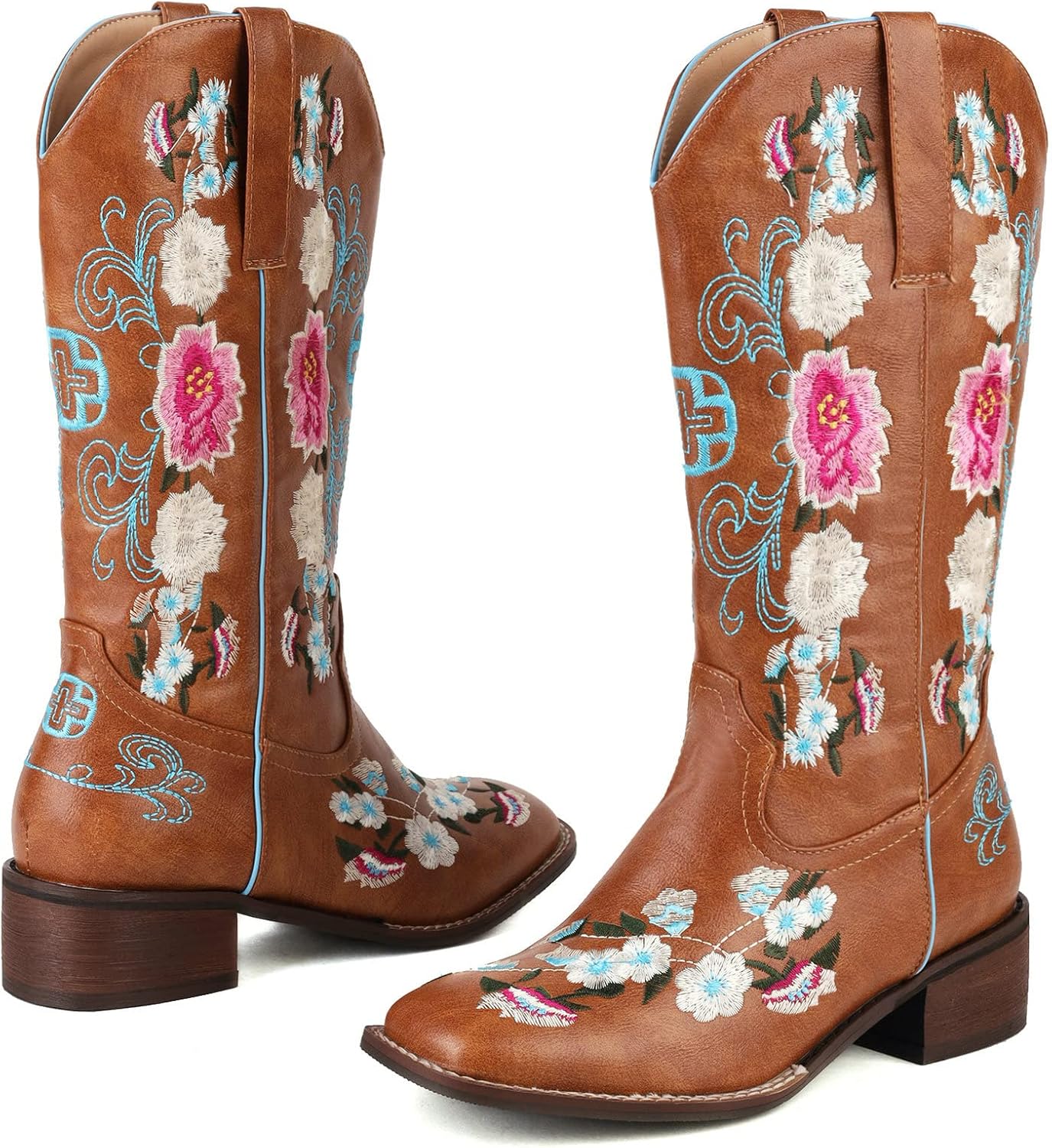 KiutSymo Floral Embroidered Mid Calf Cowgirl Boots For Women Square Toe Chunky Heel Cowboy Boots Retro Stitching Western Boots