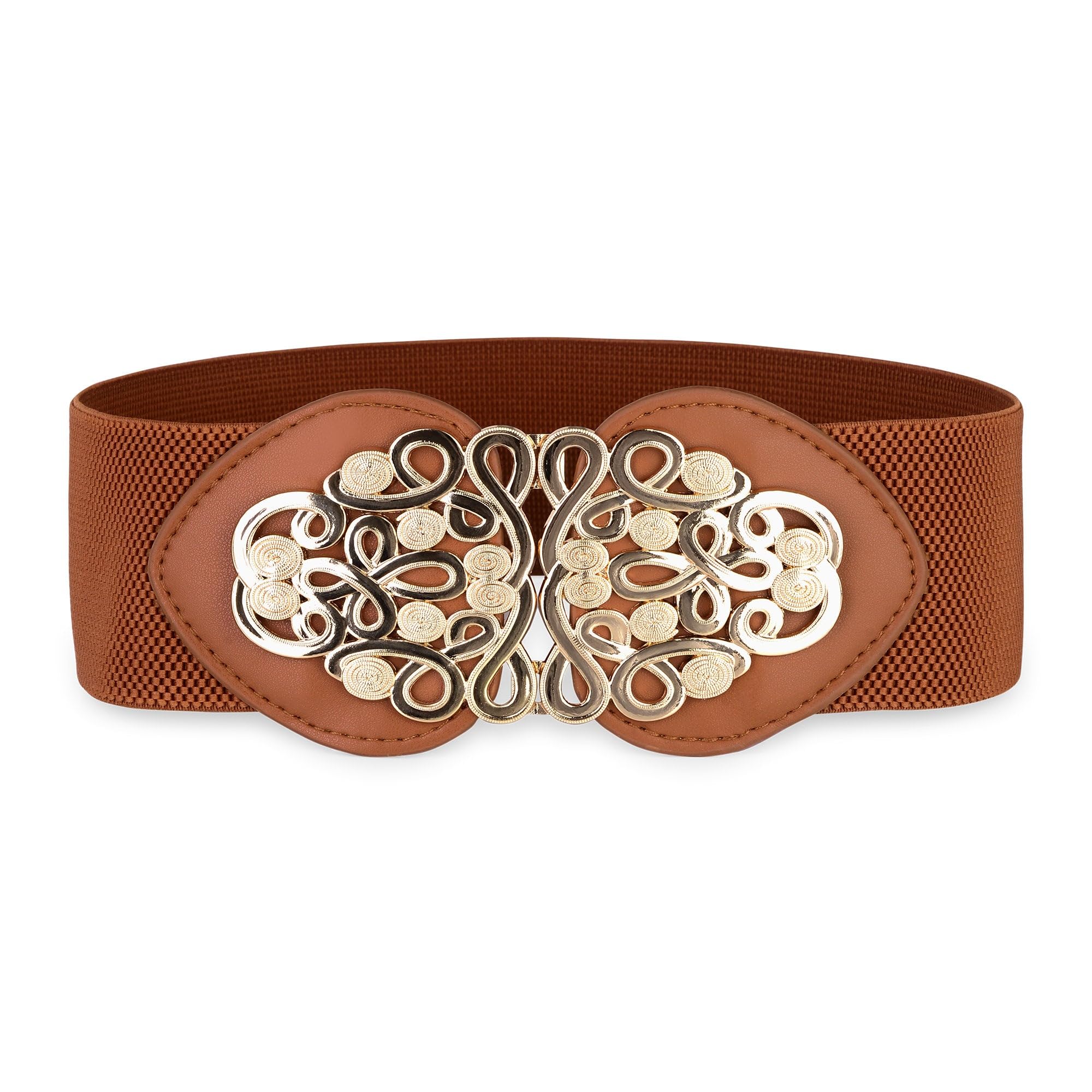 BlackButterfly Wide Elastic Cinch Stretch Waistband Retro Gold Medusa Buckle Waist Belt (Light Brown, L)