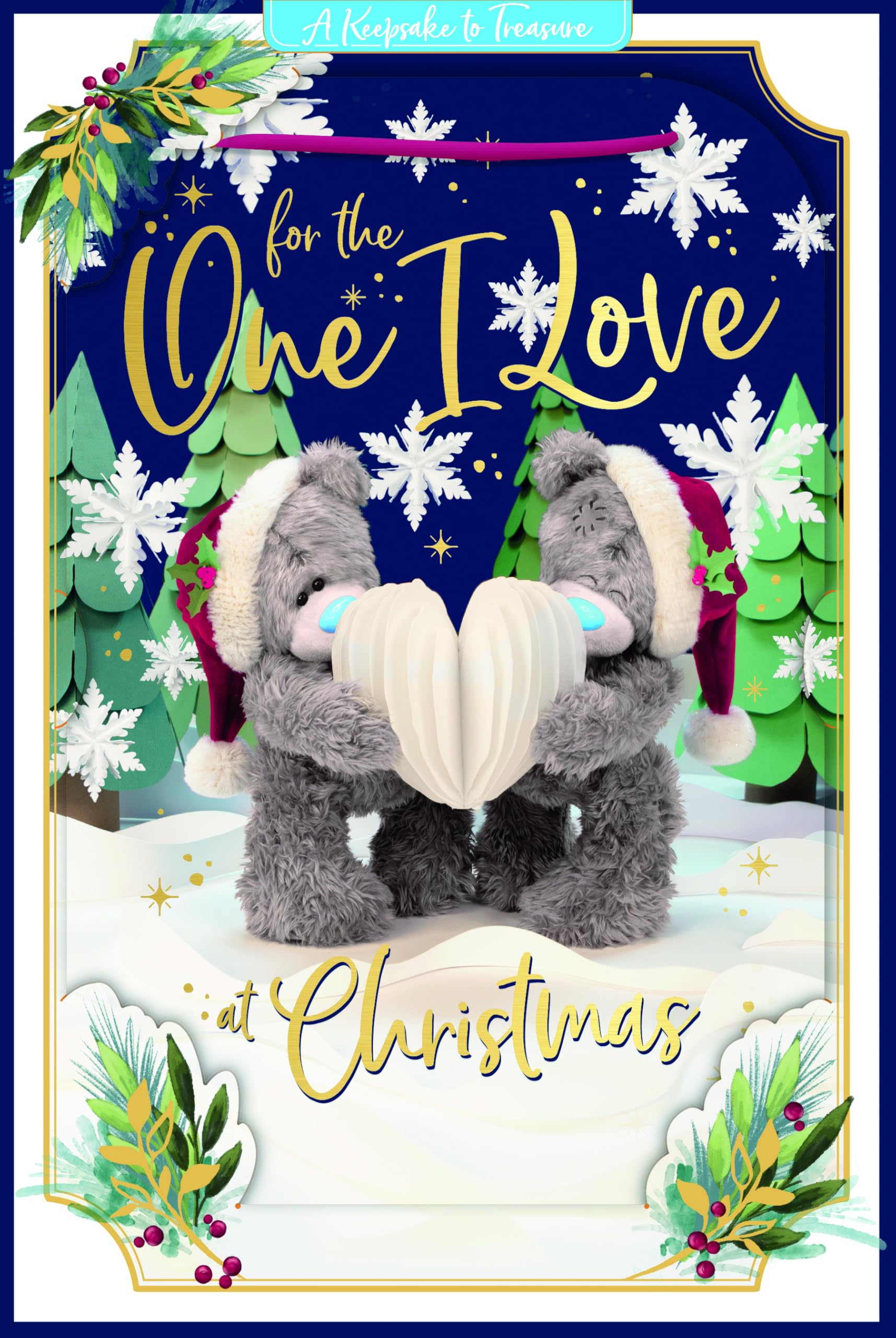 Me To You Tatty Teddy 3D Christmas Keepsake Card To The One I Love, Tatty Teddy Bears Holding A Paper Heart 6 X 9 Inches - Official Collection