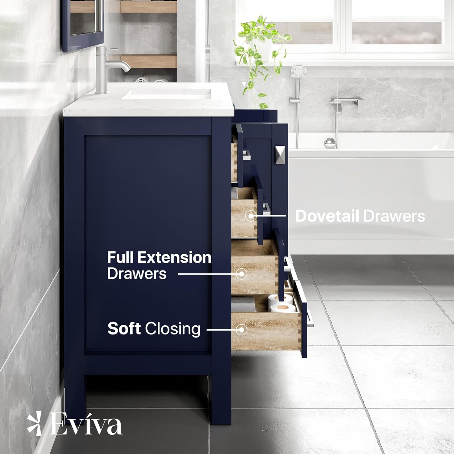 Eviva Hampton 36 in. Blue Single Sink Bath Vanity with Carrara Quartz Top and Undermount Porcelain Sink