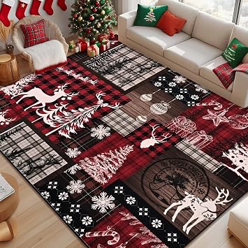 Likiyol Christmas Area Rug 3x5 Rugs Soft Washable Rug for Bedroom, Non Slip Vintage Snowflake Xmas Tree Throw Rugs Winter Elk Christmas Carpet for Nursery Kitchen, Holiday Decor, Low Pile