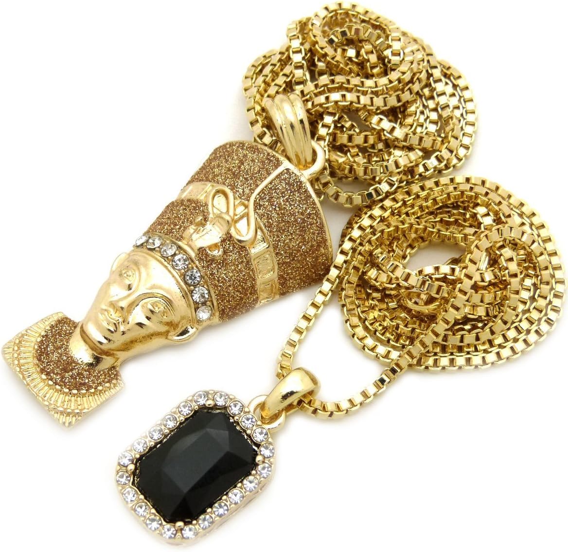 Fashion 21 Gold-Tone Colorful Gemstone, Egyptian Nefertiti Pendant 24", 30" Box Chain 2 Necklace Set