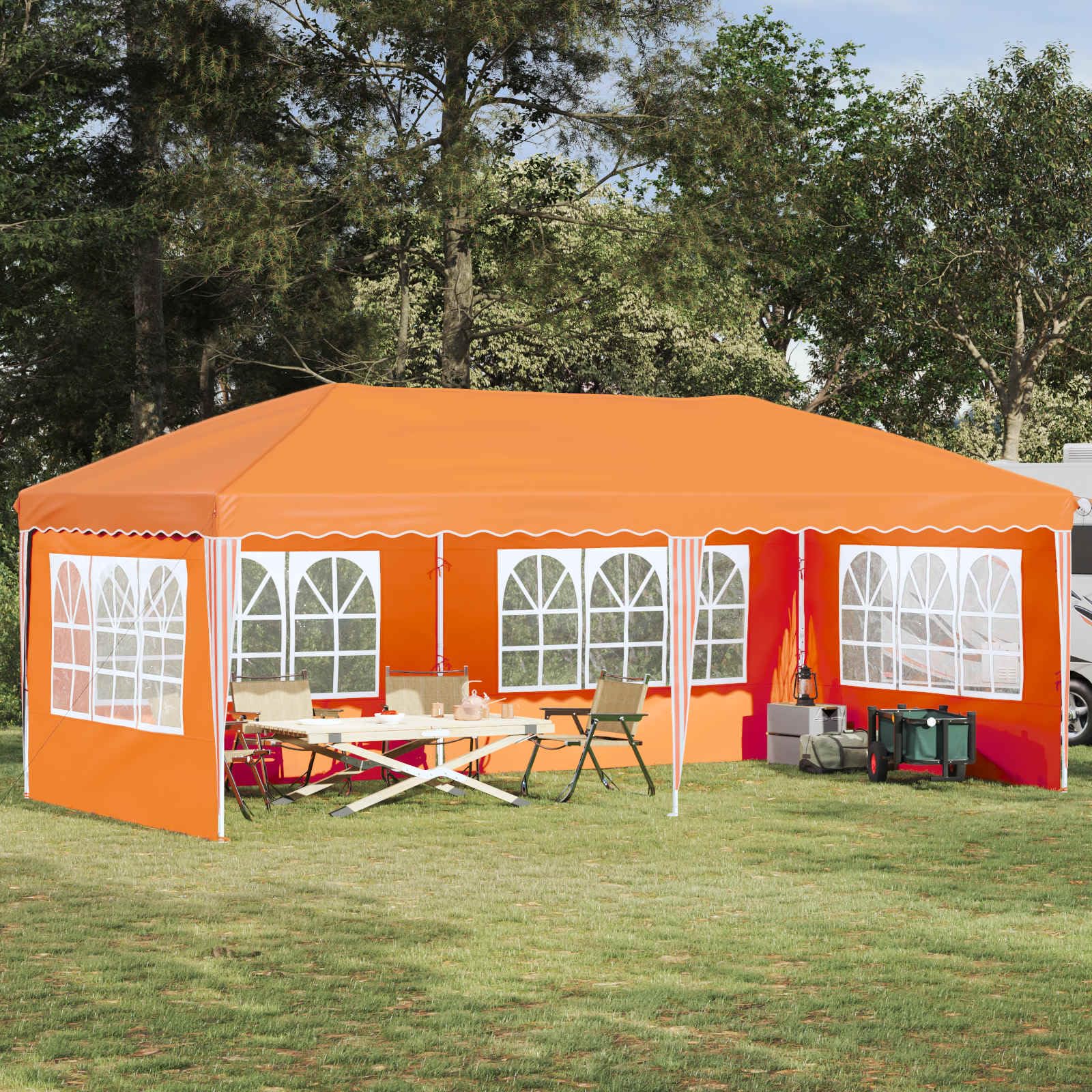 Namiot imprezowy Pop-up 575 x 289 x 245 cm, pomarańczowy, z malowaną proszkowo stalową ramą, poliester Oxford 210D, odporny na warunki atmosferyczne, odporny na działanie promieni UV, składany