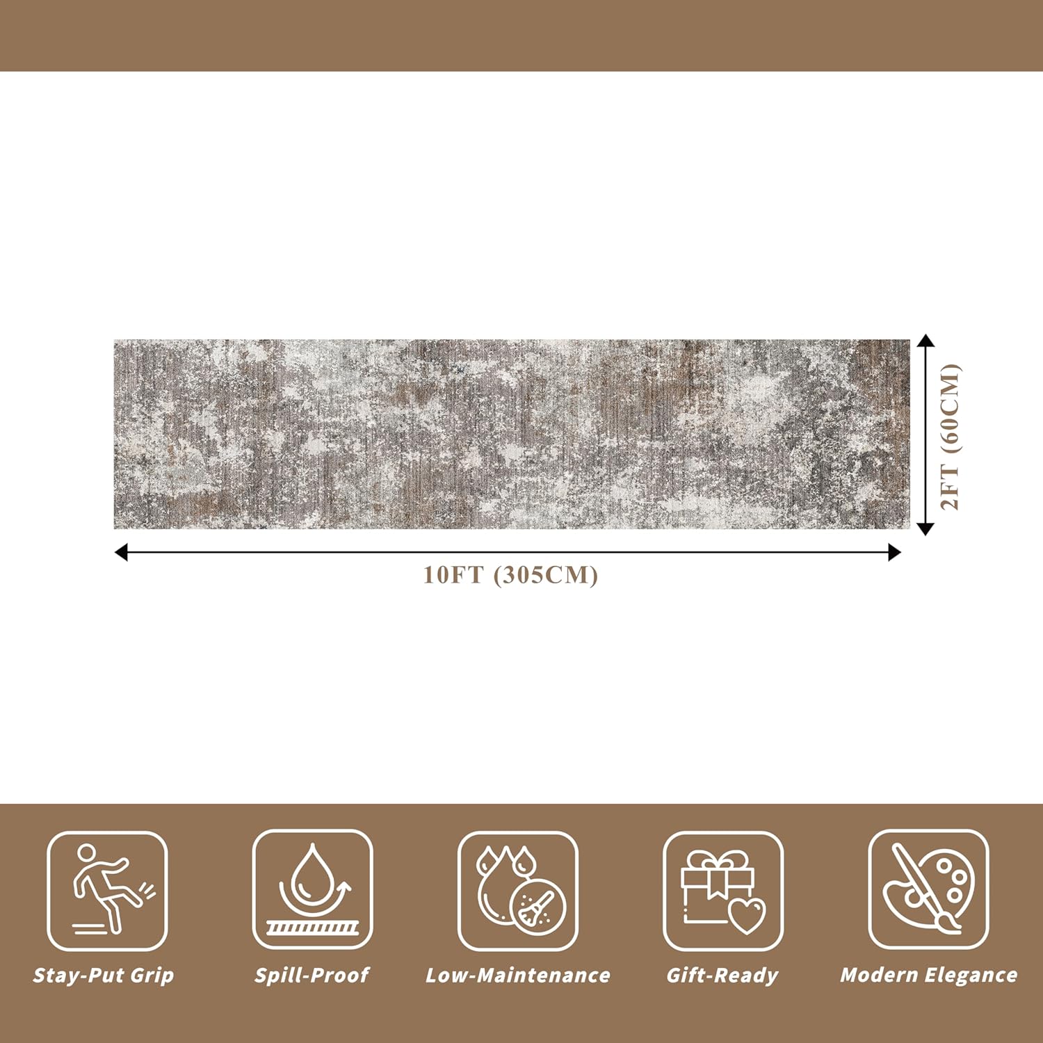 2x10 washable hallway runner rug – non-slip stain-resistant low-pile long carpet runner for kitchen entryway living room bedroom bathroom, modern abstract neutral (brown beige,2x10) 2' x 10' (rectangular) brown beige