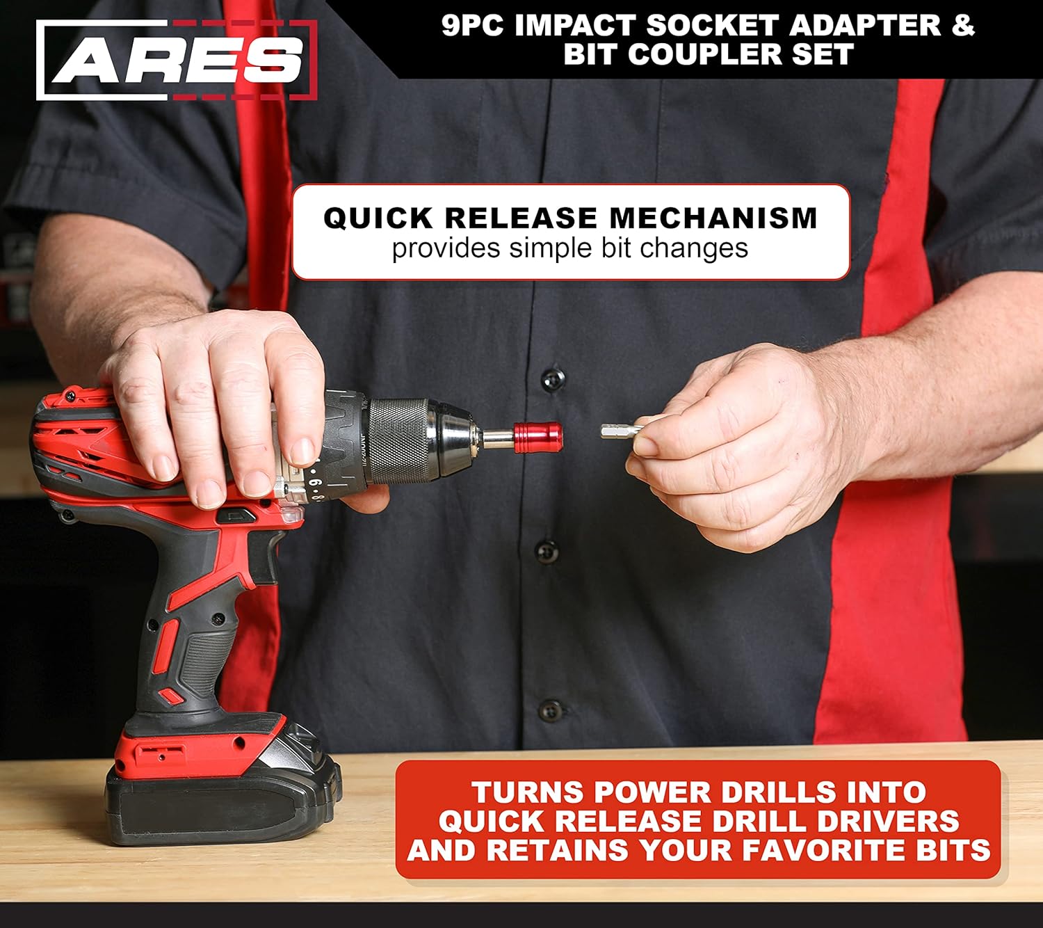 ARES 22034 – 9-Piece Impact Grade Socket Adapter and Bit Coupler Set - Turns Impact Drill Driver into High Speed Socket Driver - 1/4-Inch, 3/8-Inch, and 1/2-Inch Drive – Quick Release Bit Coupler
