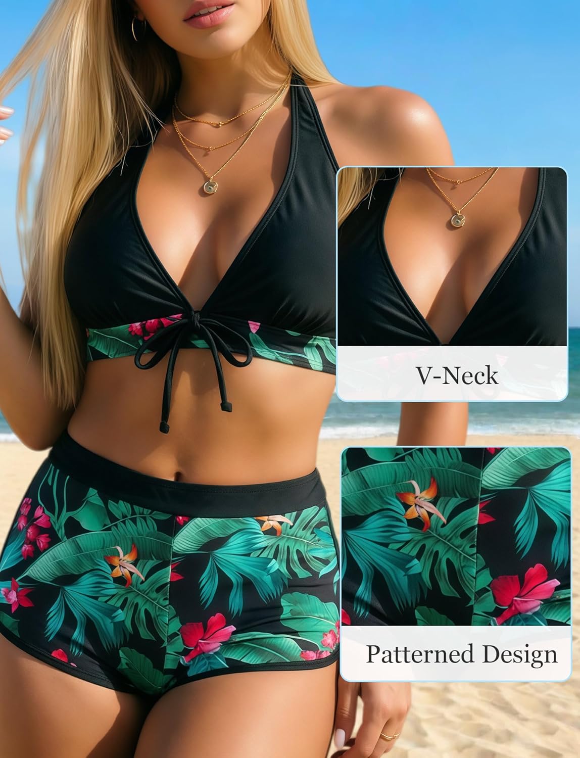 Women's Two Piece Halter Swimsuit V Neck Push Up Bikini Set Swimwear with Boyshorts Swimwear for Swimming Pool