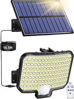 Solar Lights Outdoor, 120 LED Solar Powered Lights with Remote Control, Motion Sensor Flood Security Lights with 16.5ft Detachable Cable, IP65 Waterproof Spot Wall Lights with 4-Mode, 1 Pack