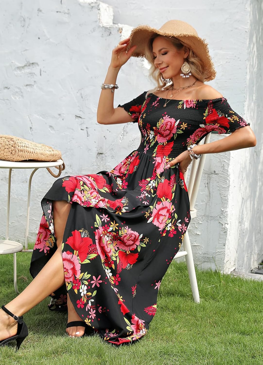 Kormei Women Short Sleeve Off Shoulder Floral High Low Flowy Summer Party Long Maxi Dress - Image 4