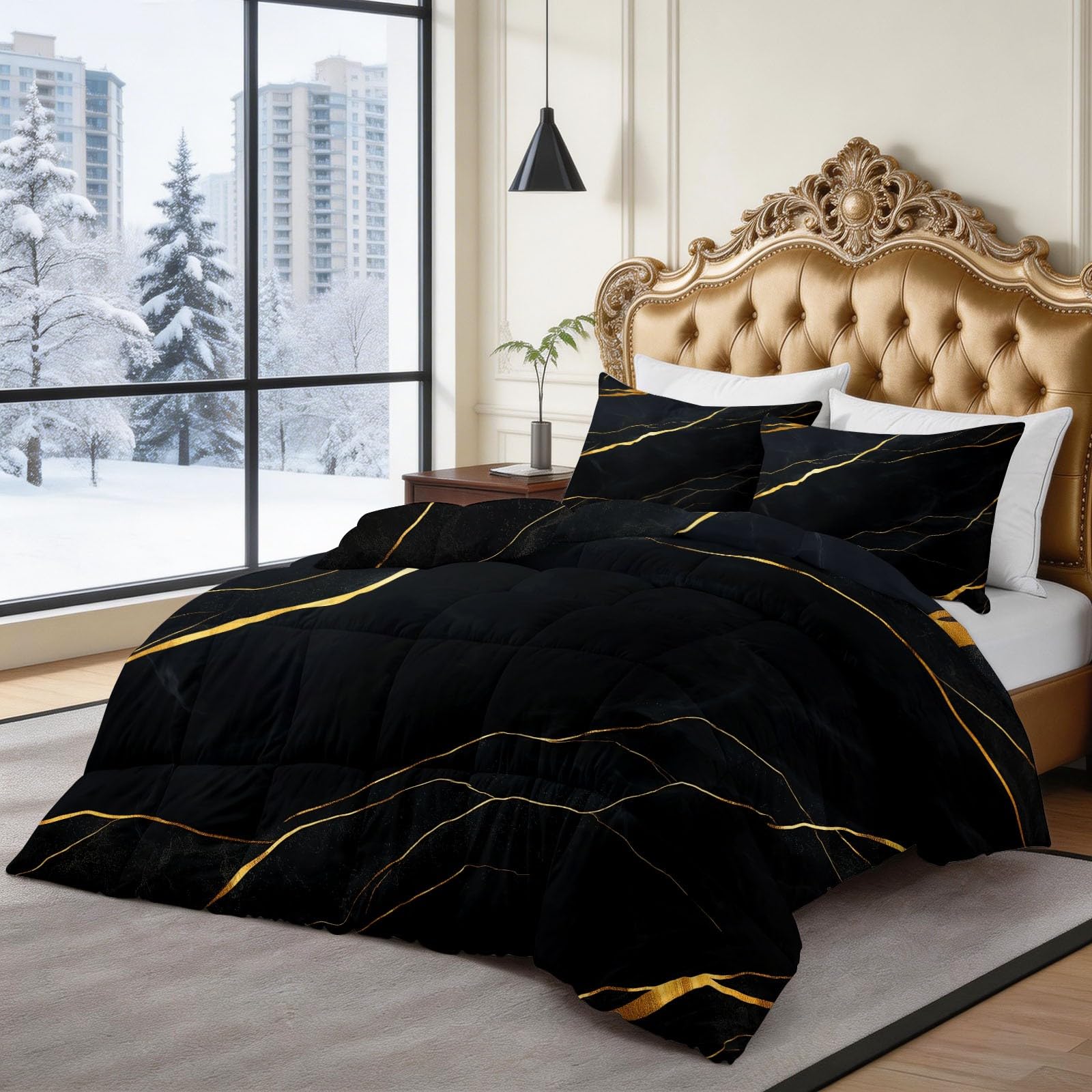 CozyRest Edredon Relleno nordico Cama Infantil Algodón - Mármol Negro Lujo - Bebe rellena Juego de Manta con Almohada 50 x 75 cm por niños e niñas