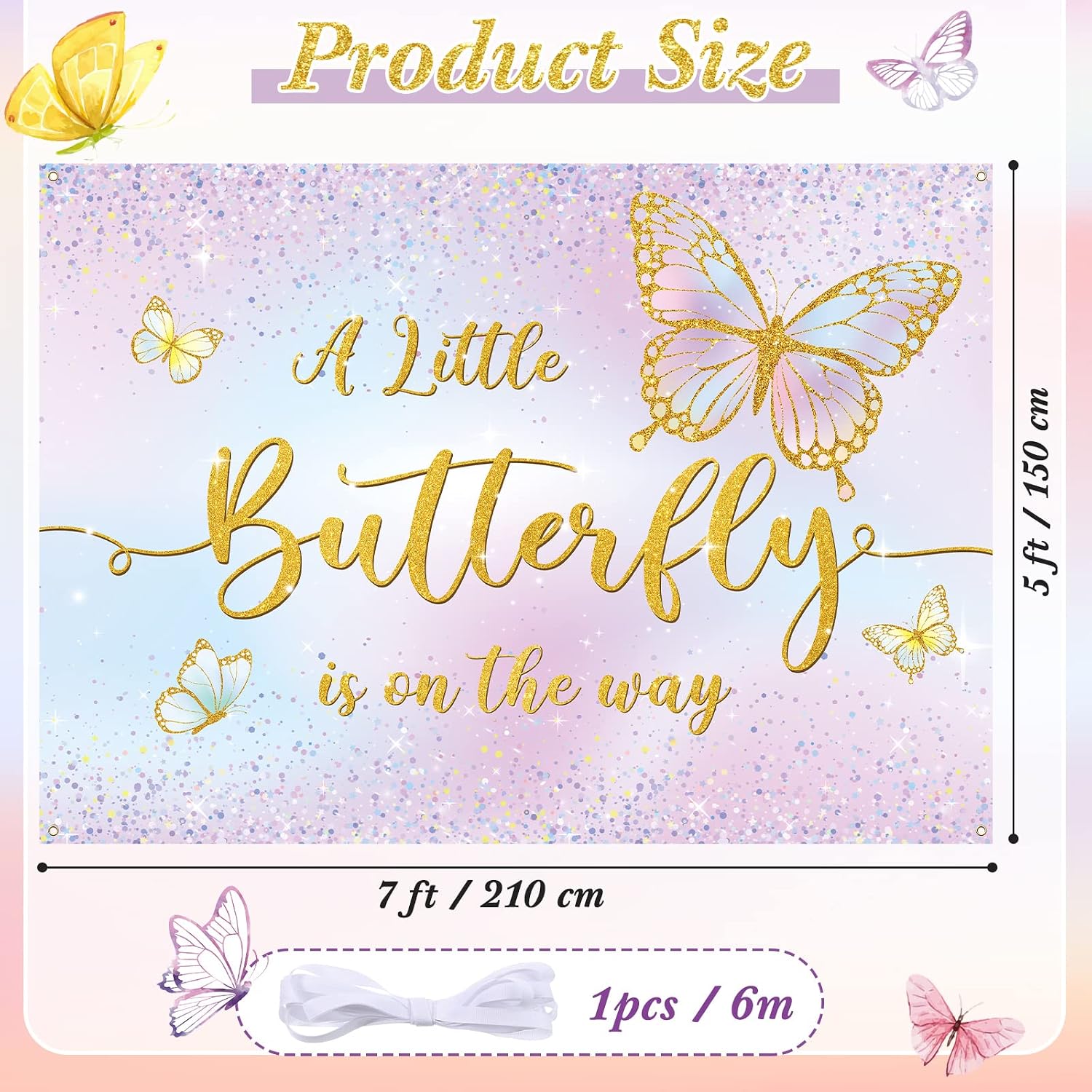 Dandat 7x5 ft Butterfly Baby Shower Backdrop for Girls a Little Butterfly is on The Way Glitter Baby Shower Decorations Princess Photography Background Purple Gold Party Banner