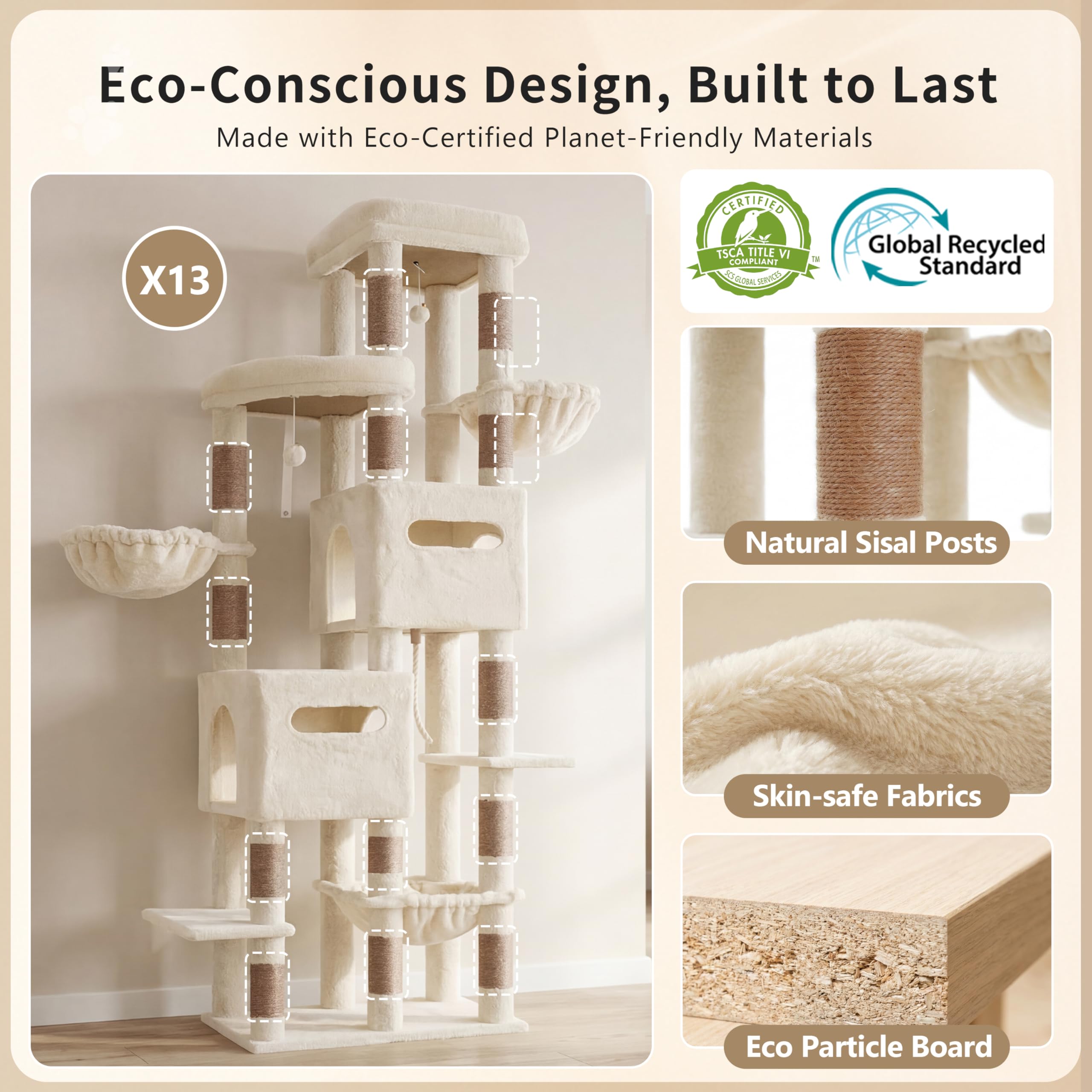 Heybly Árbol Rascador para Gatos Grandes, 190 cm Rascador para Gatos XXL, Torre Alta y Espaciosa con Amplia Plataforma Superior, Base Estable, 2 Casitas, Hamaca y Postes de Sisal, Beige HCT062MJ