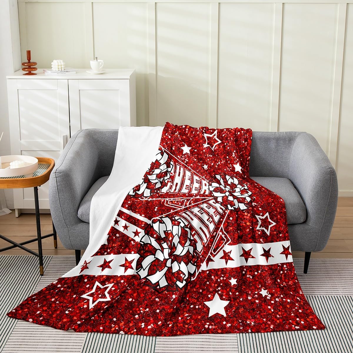Homewish Cheerleading Throw Blanket Throw 50x60 Red White Glitter Stars Stripes Fleece Blanket for Kids Girls Teens Gymnastics Cheerlead Style Dreamy Flannel Blanket for Couch Chairs Bed